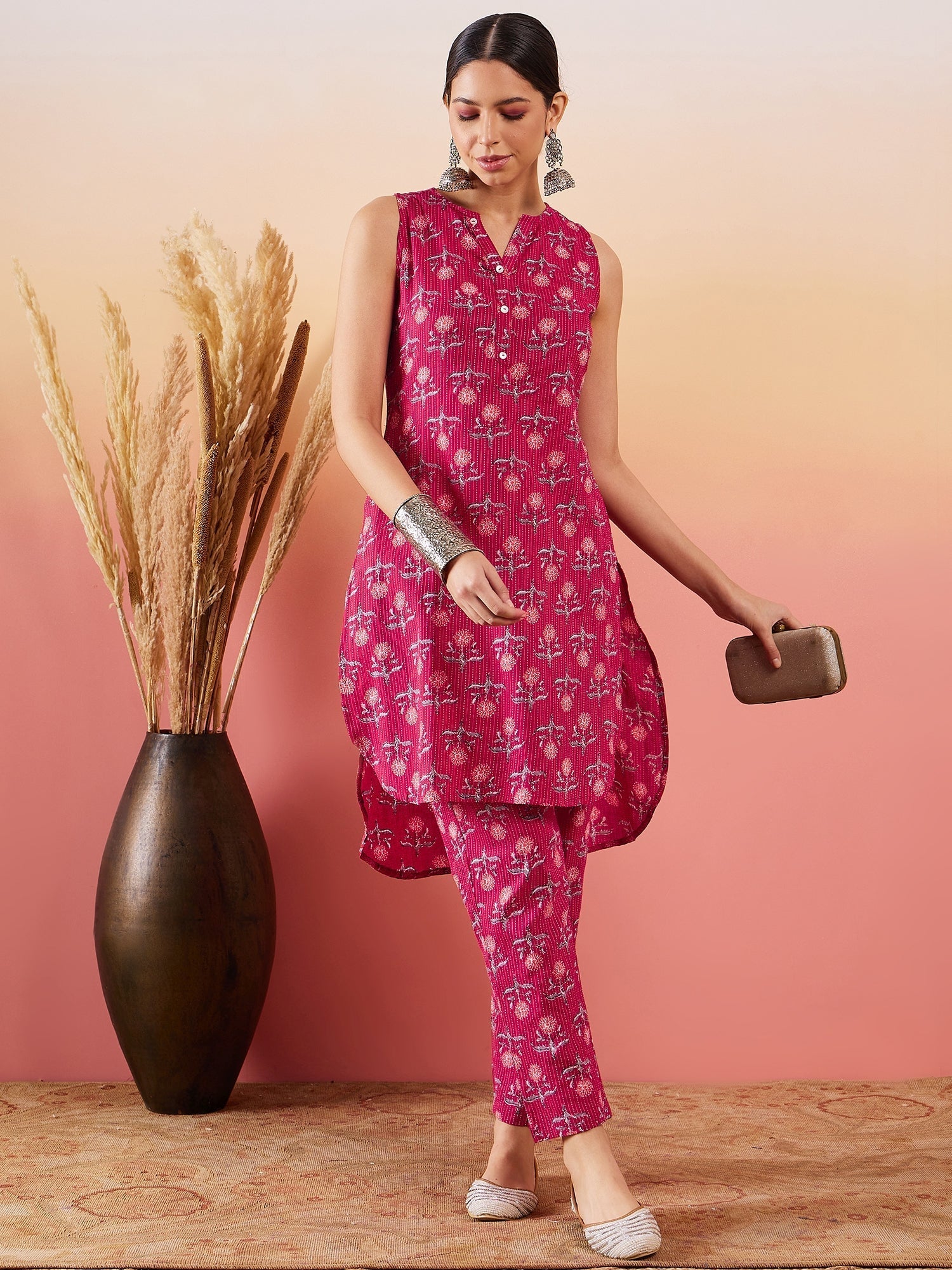 InWeave Red Kantha Print Mandarin V Neck Button Kurta Pant Set 