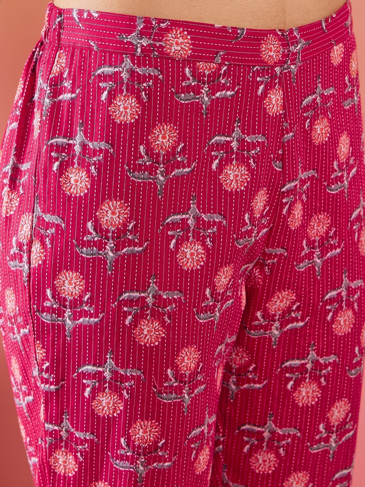 InWeave Red Kantha Print Mandarin V Neck Button Kurta Pant Set 