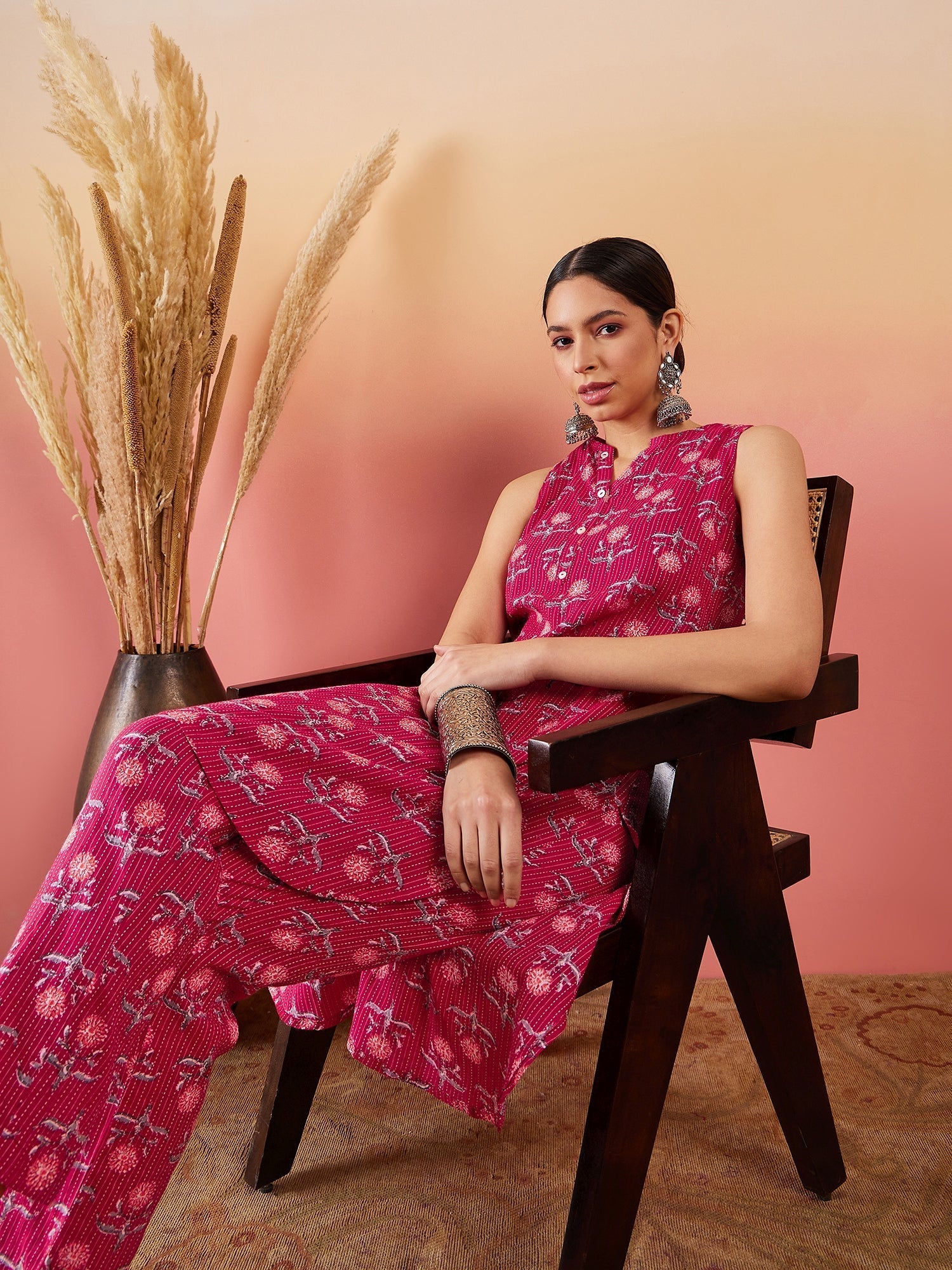 InWeave Red Kantha Print Mandarin V Neck Button Kurta Pant Set 