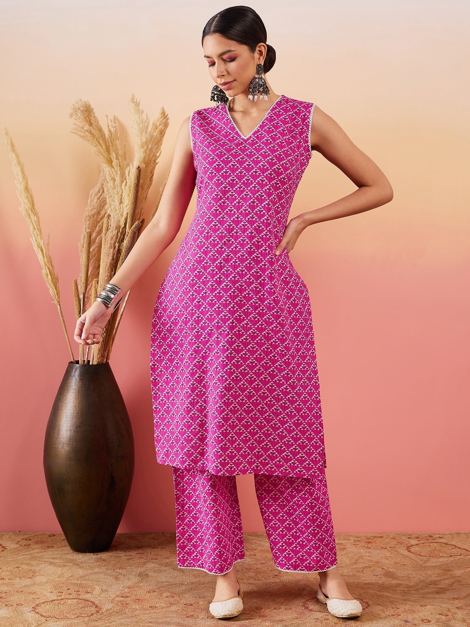 InWeave Pink Pyramid Kantha V Neck Lace Work Kurta Palazzo Set | Grab2Buy