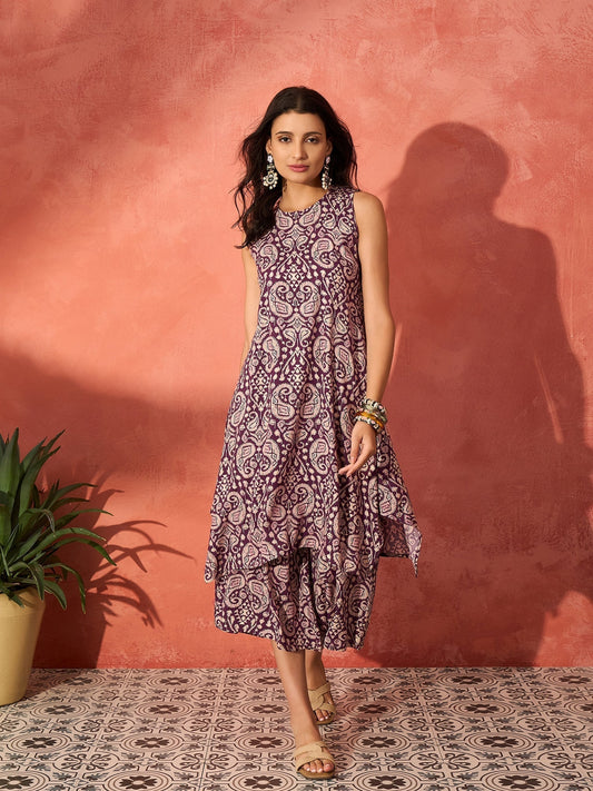 InWeave Dusty Mauve Paisley Round Neck Kurta Short Palazzo Set 