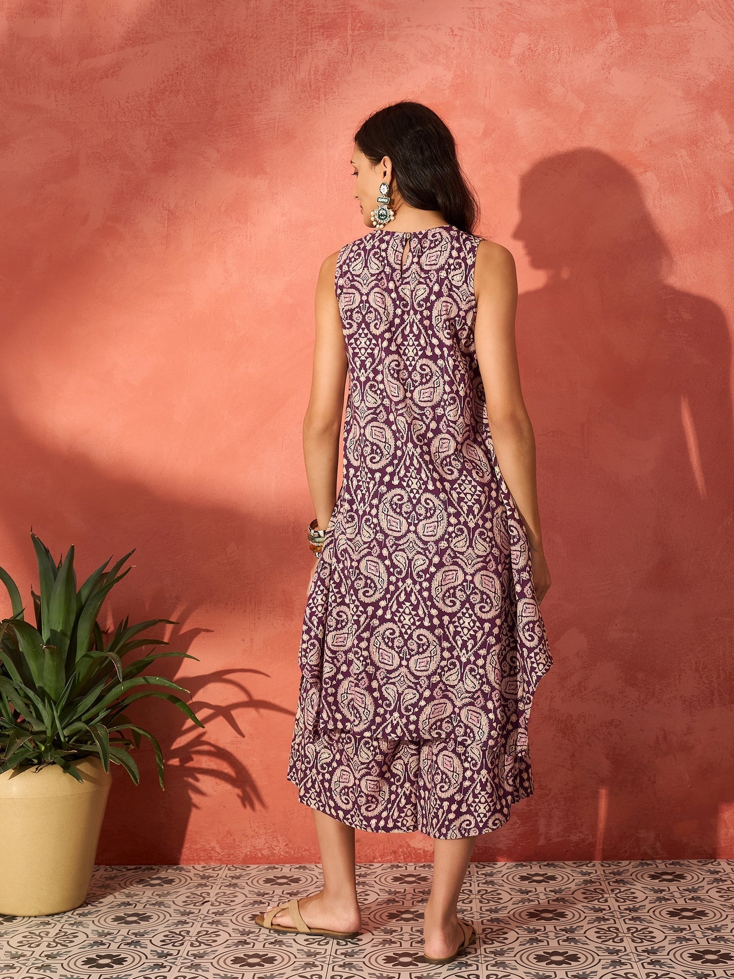InWeave Dusty Mauve Paisley Round Neck Kurta Short Palazzo Set 