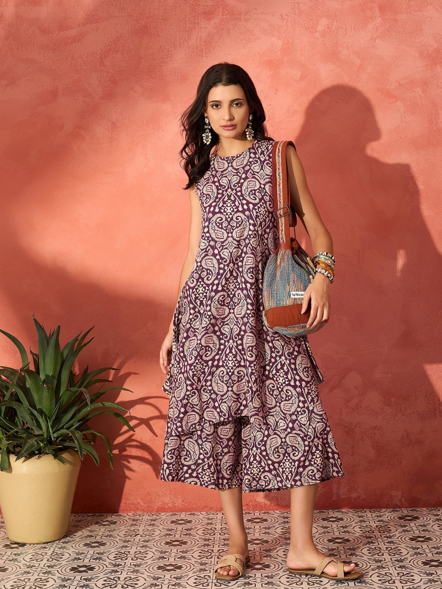 InWeave Dusty Mauve Paisley Round Neck Kurta Short Palazzo Set 