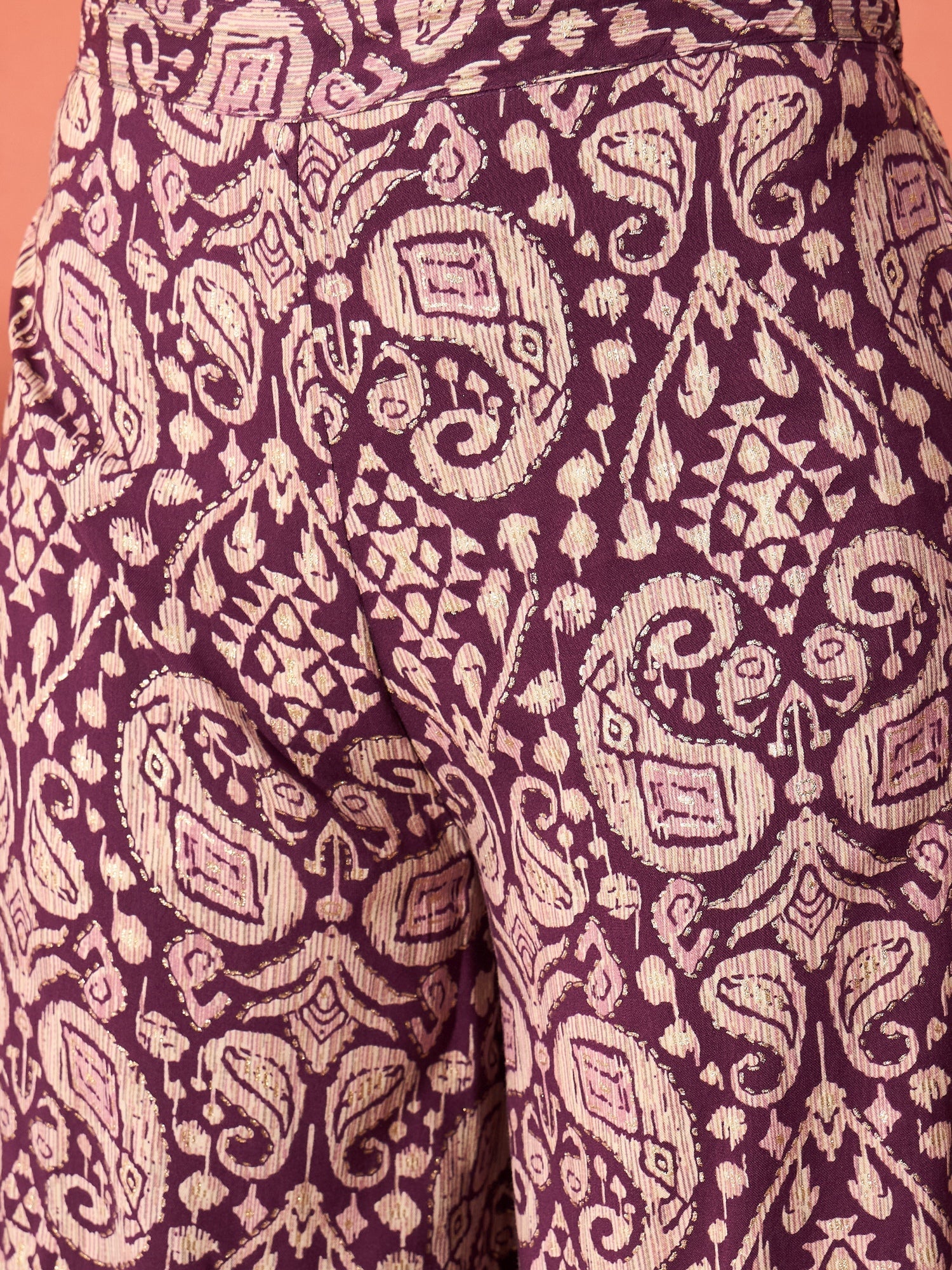InWeave Dusty Mauve Paisley Round Neck Kurta Short Palazzo Set 