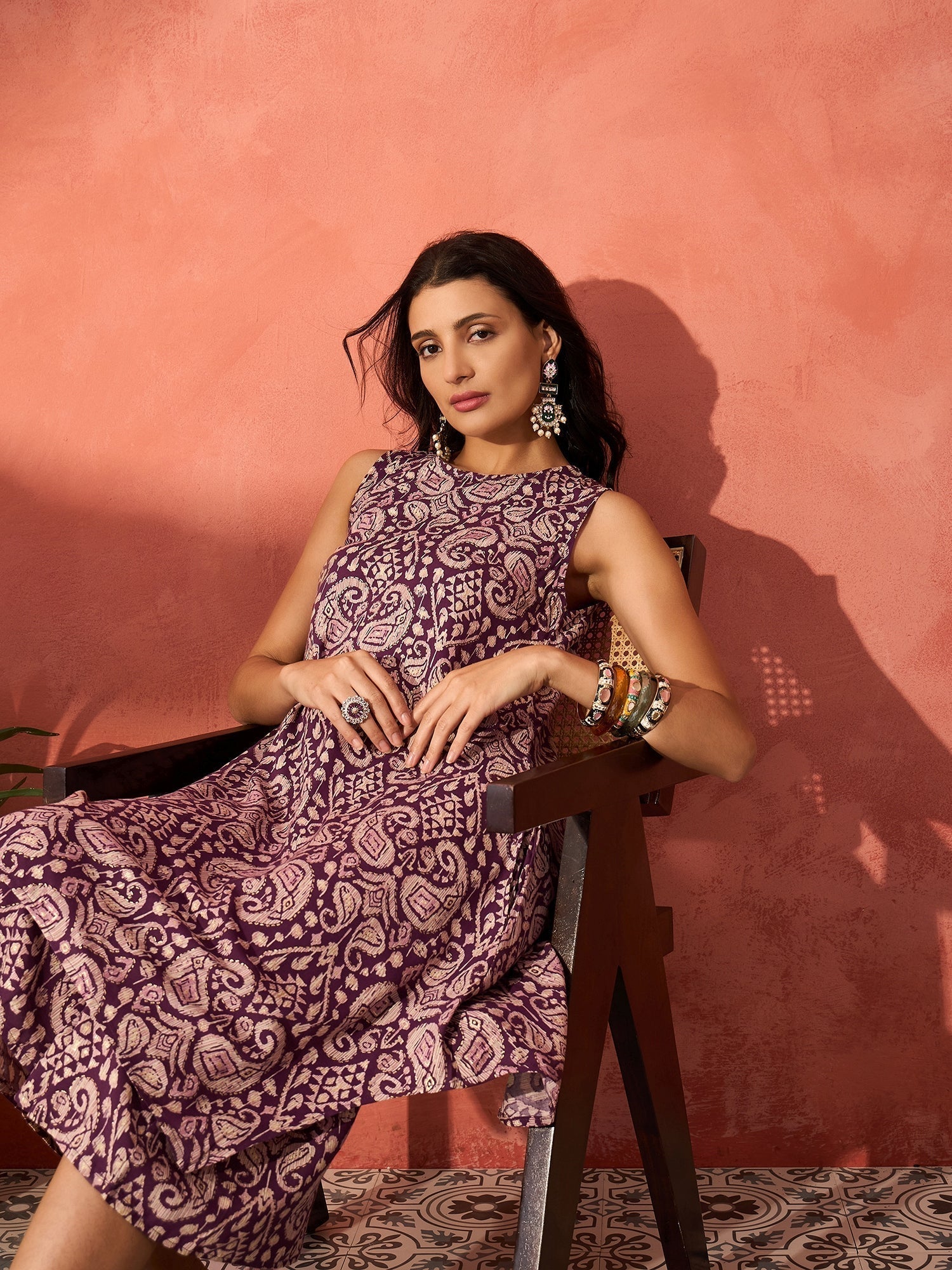 InWeave Dusty Mauve Paisley Round Neck Kurta Short Palazzo Set 