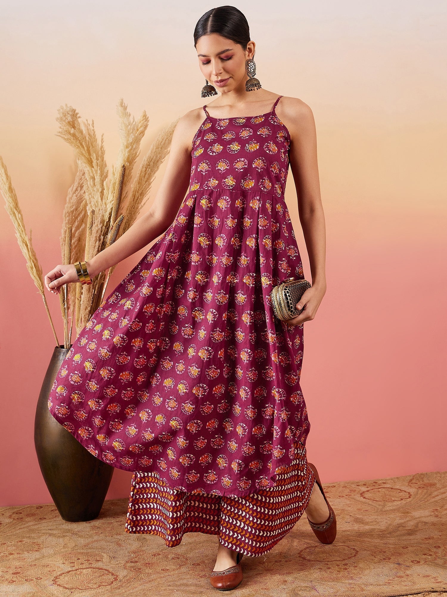 InWeave Burgundy Floral Boota Print Strappy Printed Palazzo Set | Grab2Buy