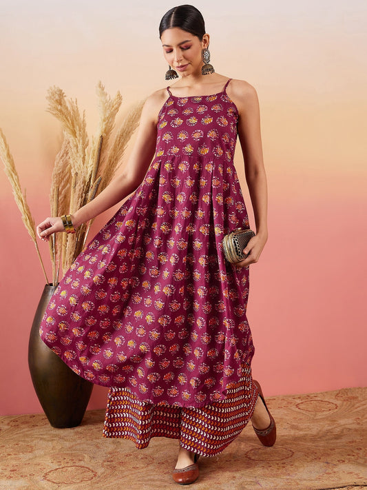 InWeave Burgundy Floral Boota Print Strappy Printed Palazzo Set | Grab2Buy