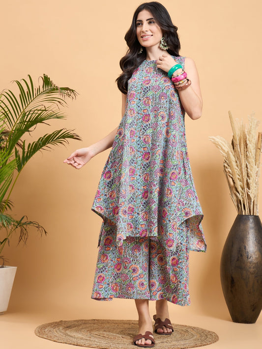 InWeave Grey Kantha Floral Jaal Short Palazzo Set 