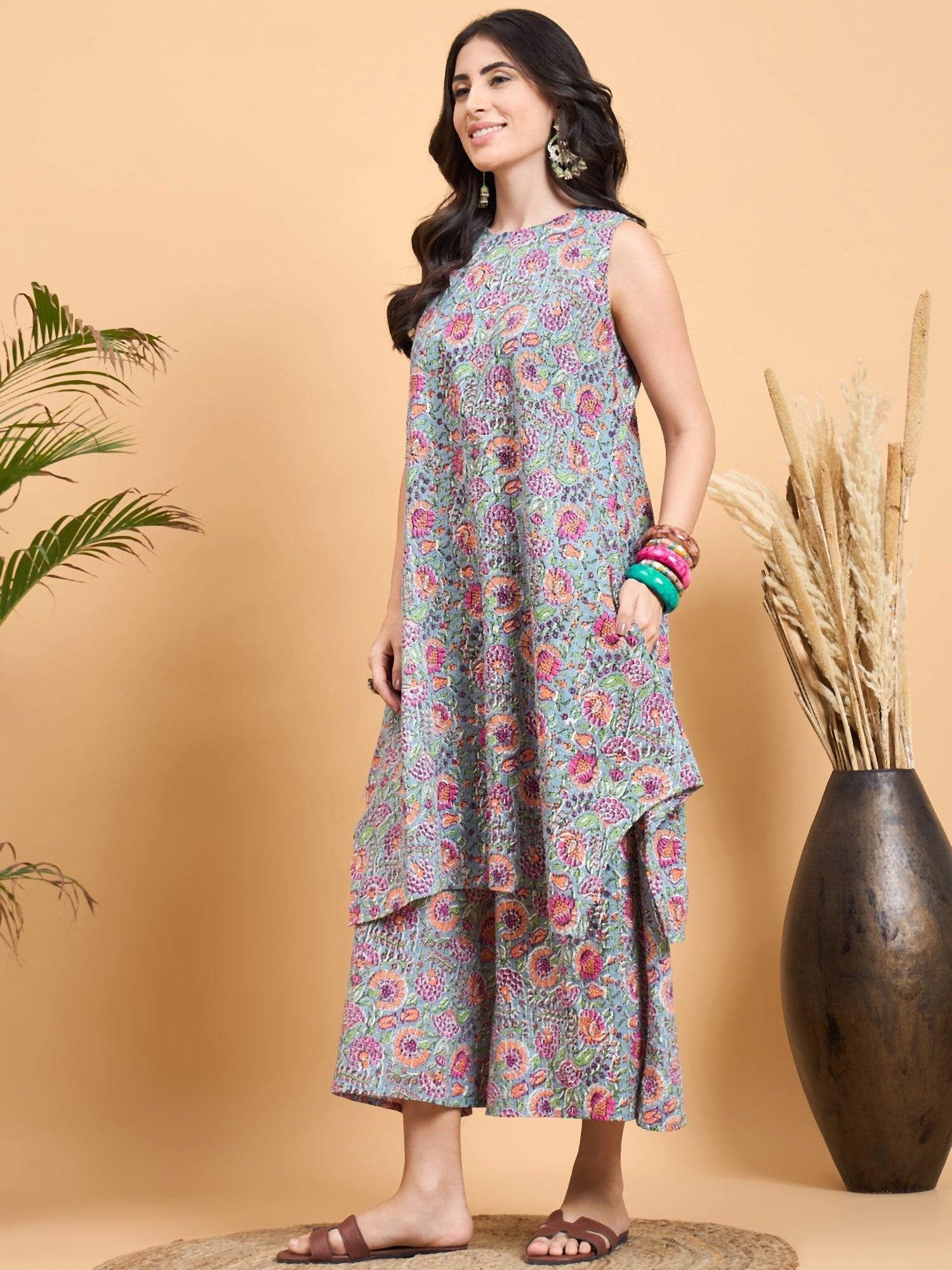 InWeave Grey Kantha Floral Jaal Short Palazzo Set 