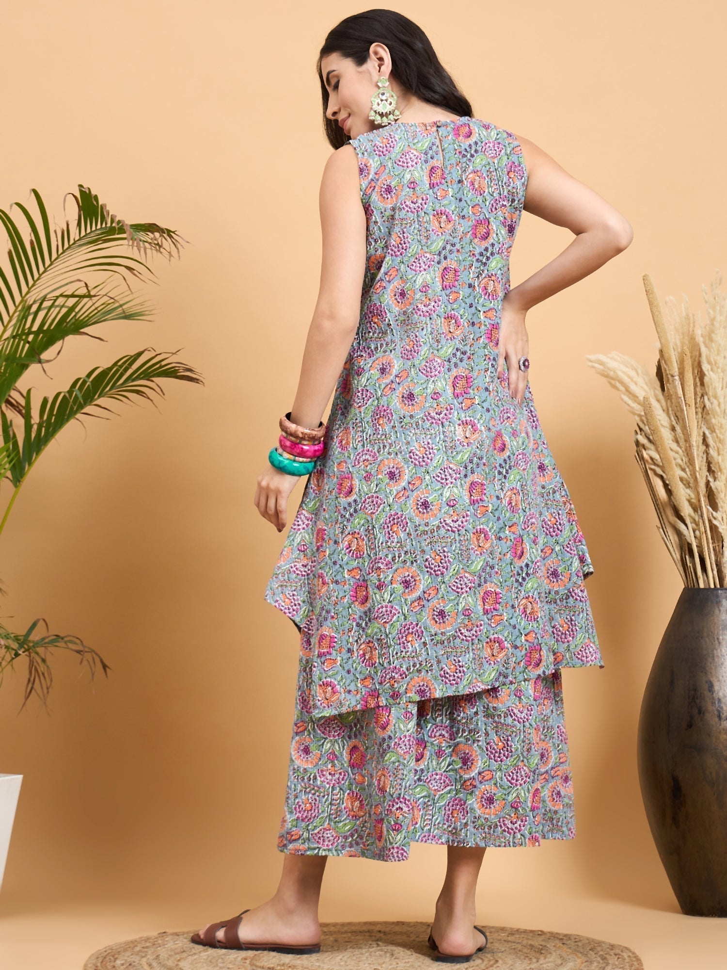 InWeave Grey Kantha Floral Jaal Short Palazzo Set 