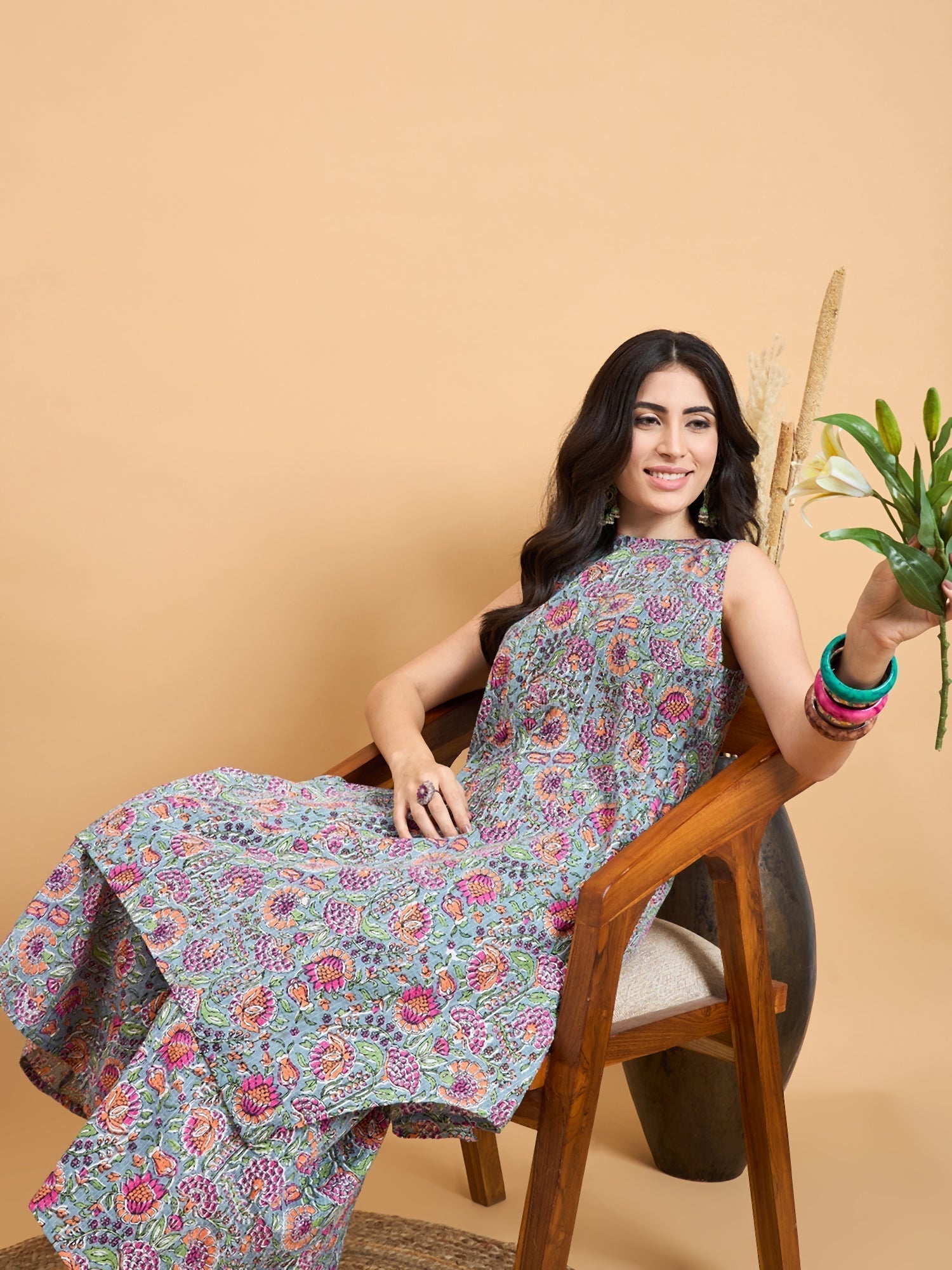 InWeave Grey Kantha Floral Jaal Short Palazzo Set 