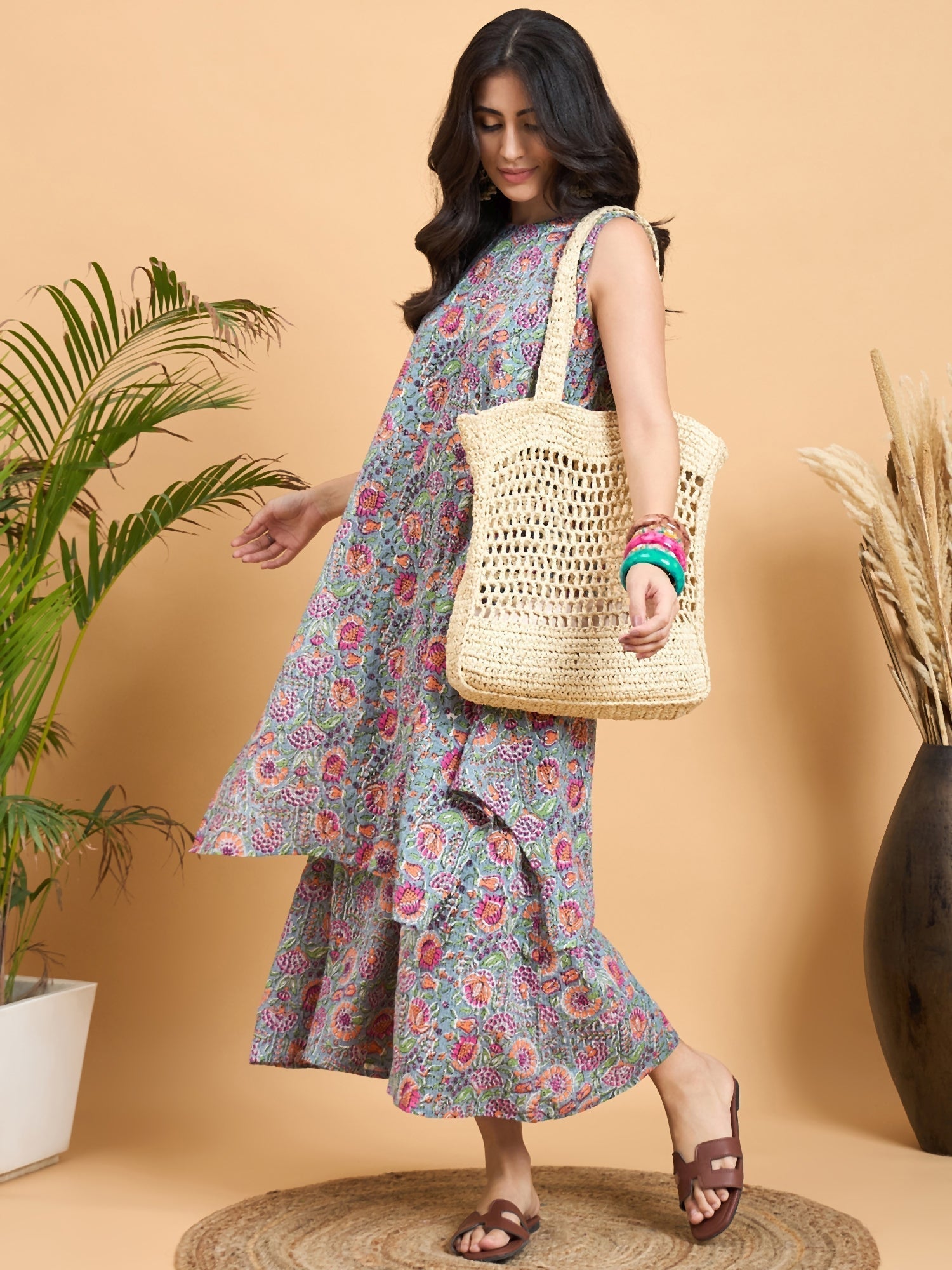 InWeave Grey Kantha Floral Jaal Short Palazzo Set 