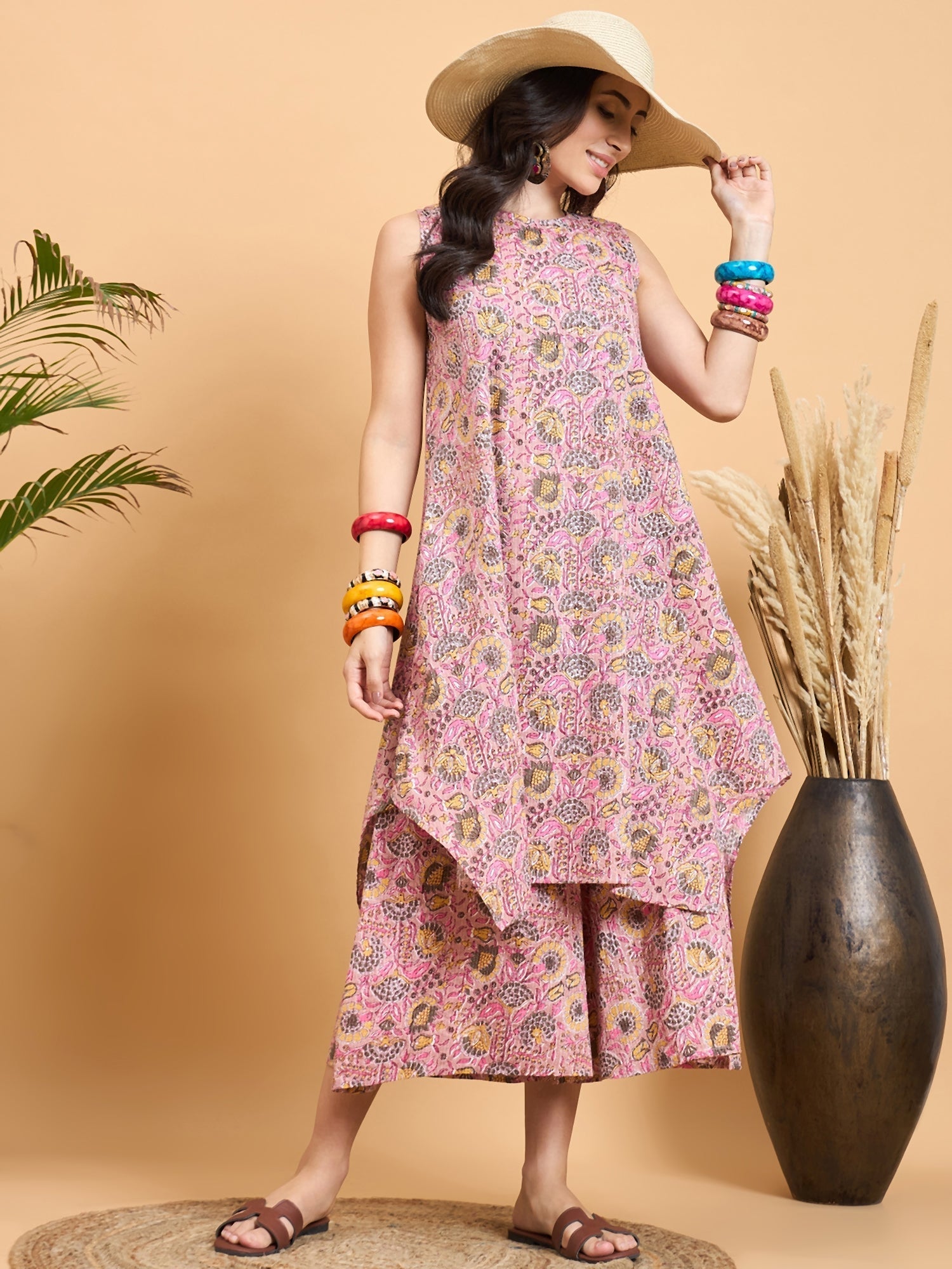 InWeave Pastel Pink Kantha Floral Jaal Short Palazzo Set 