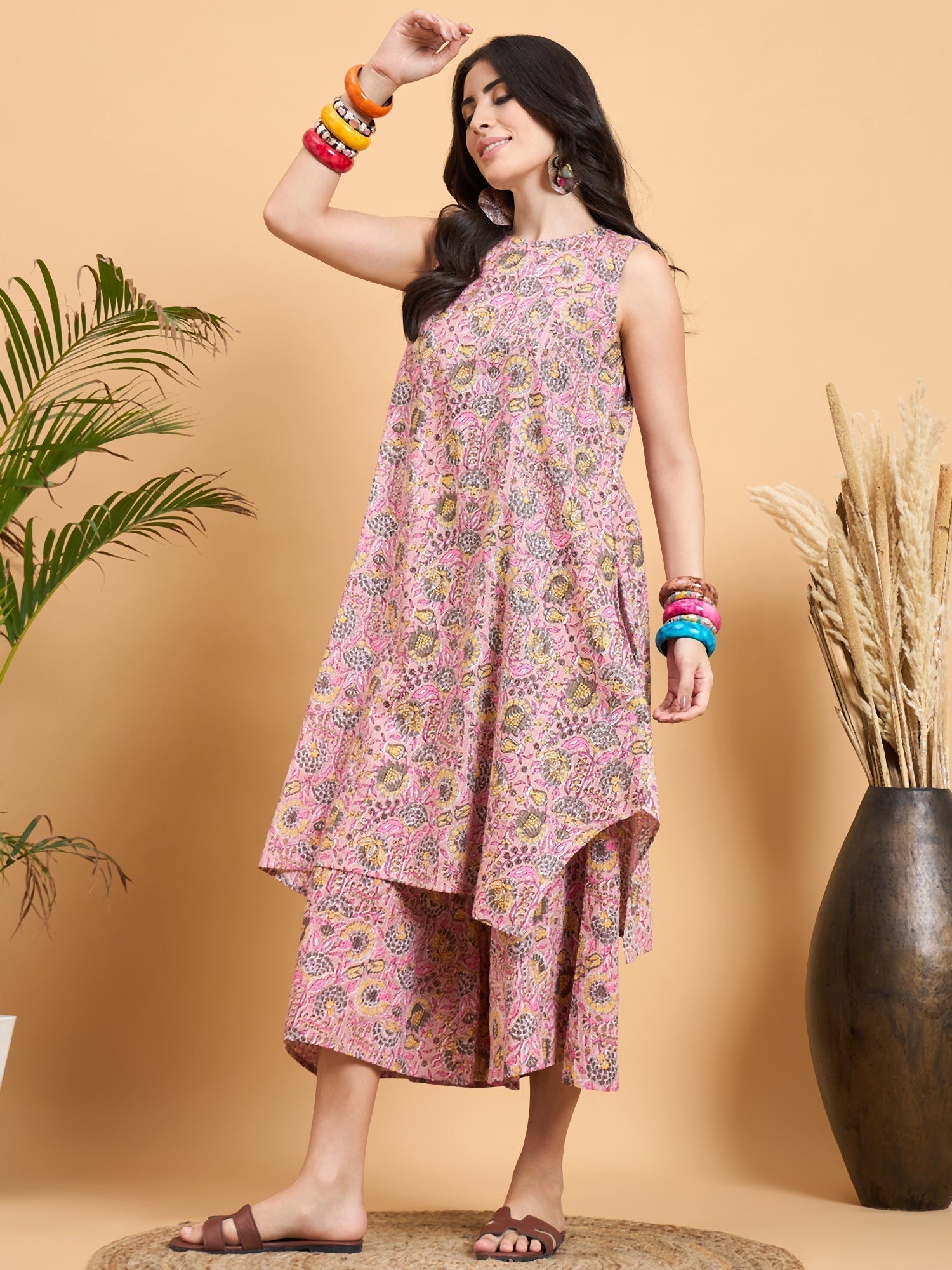 InWeave Pastel Pink Kantha Floral Jaal Short Palazzo Set 
