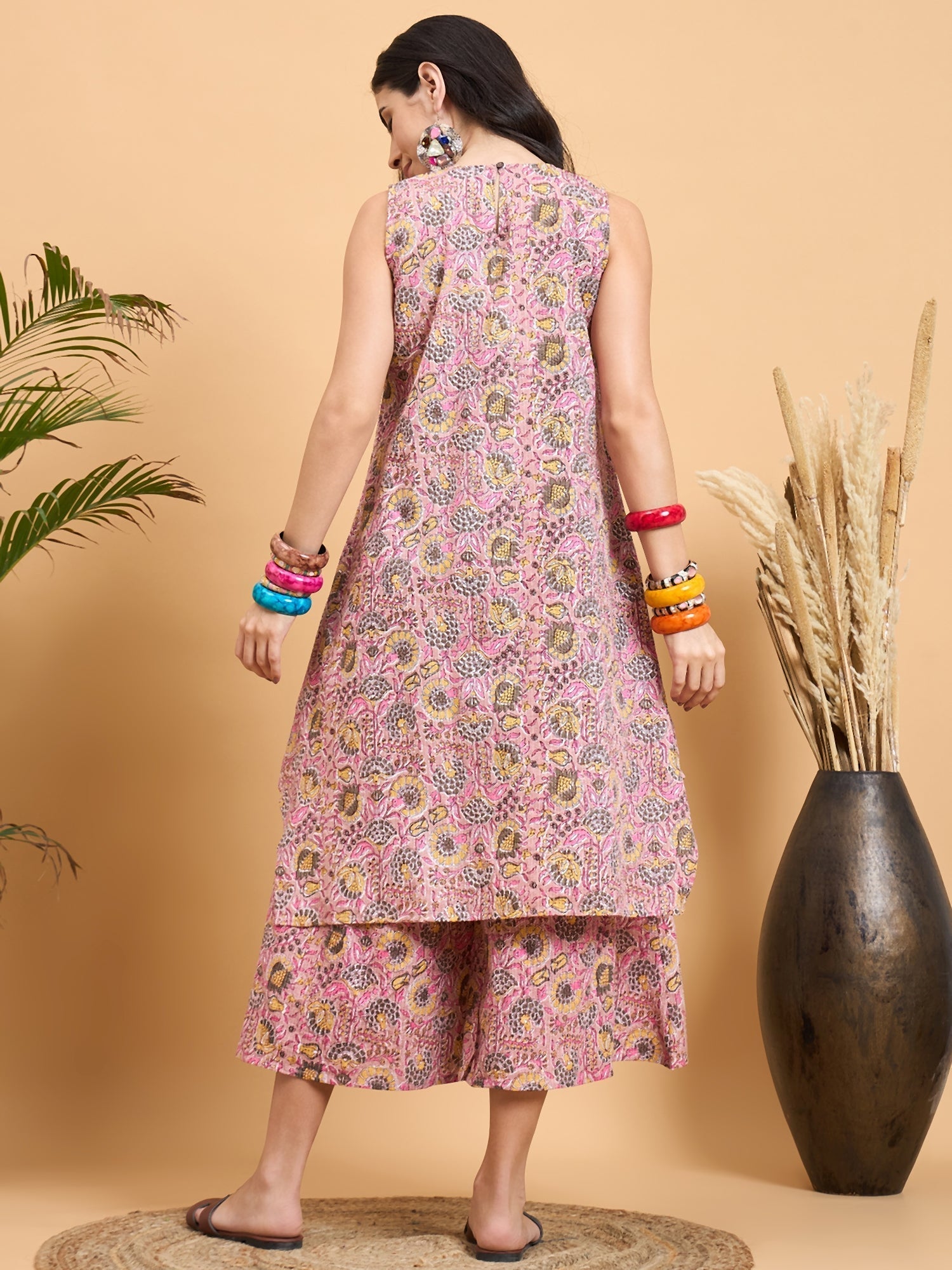 InWeave Pastel Pink Kantha Floral Jaal Short Palazzo Set 