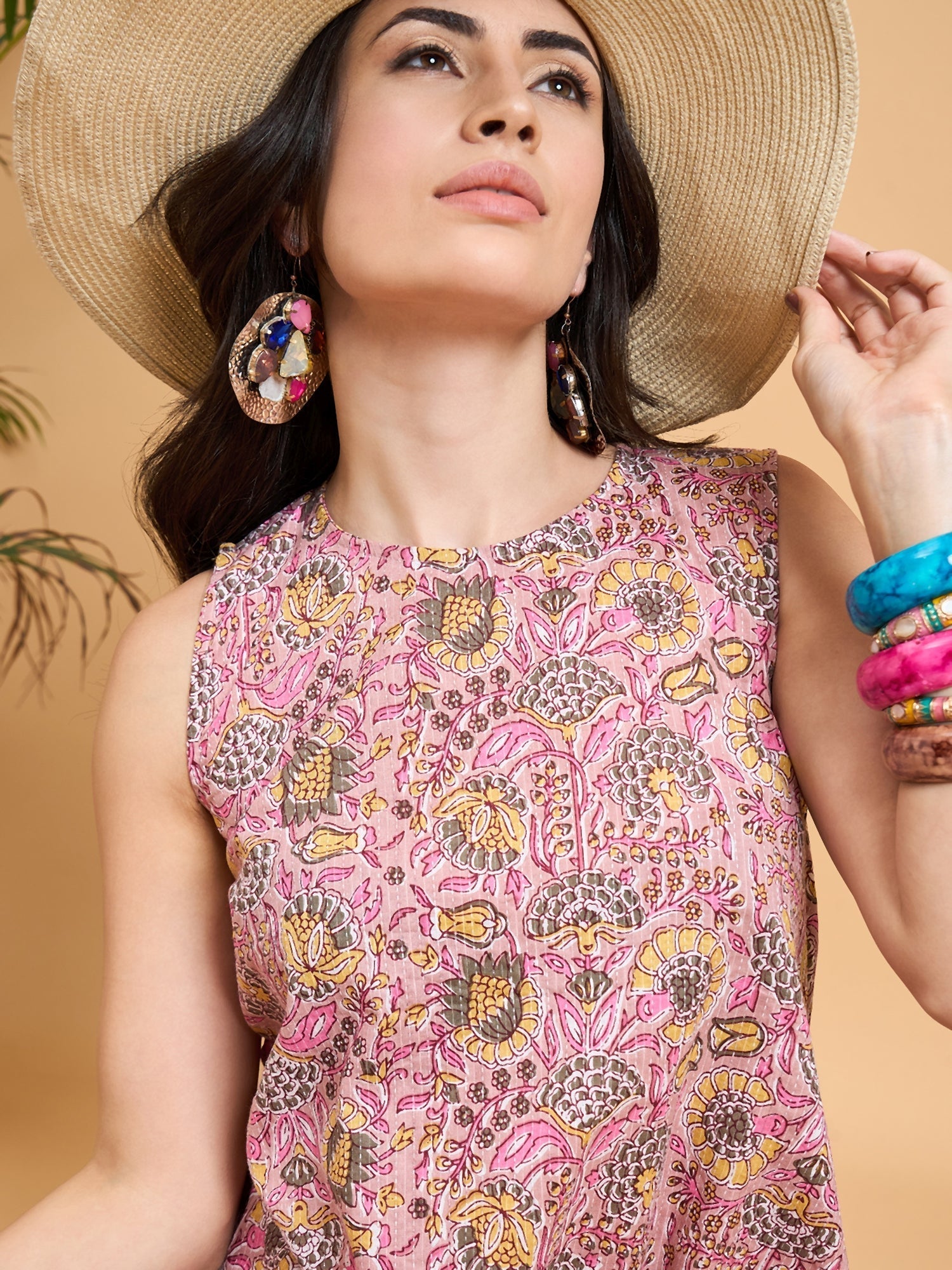 InWeave Pastel Pink Kantha Floral Jaal Short Palazzo Set 