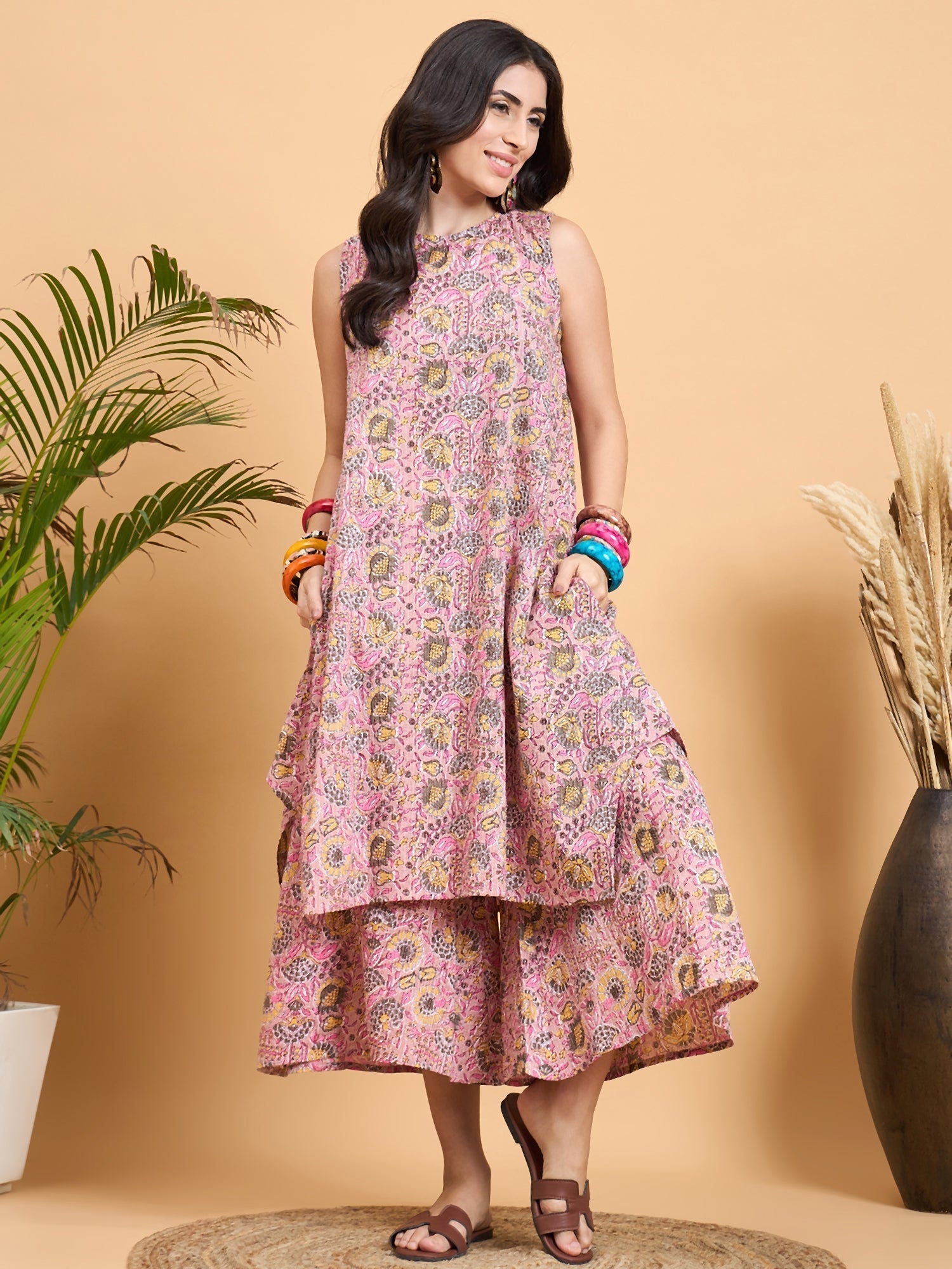 InWeave Pastel Pink Kantha Floral Jaal Short Palazzo Set 