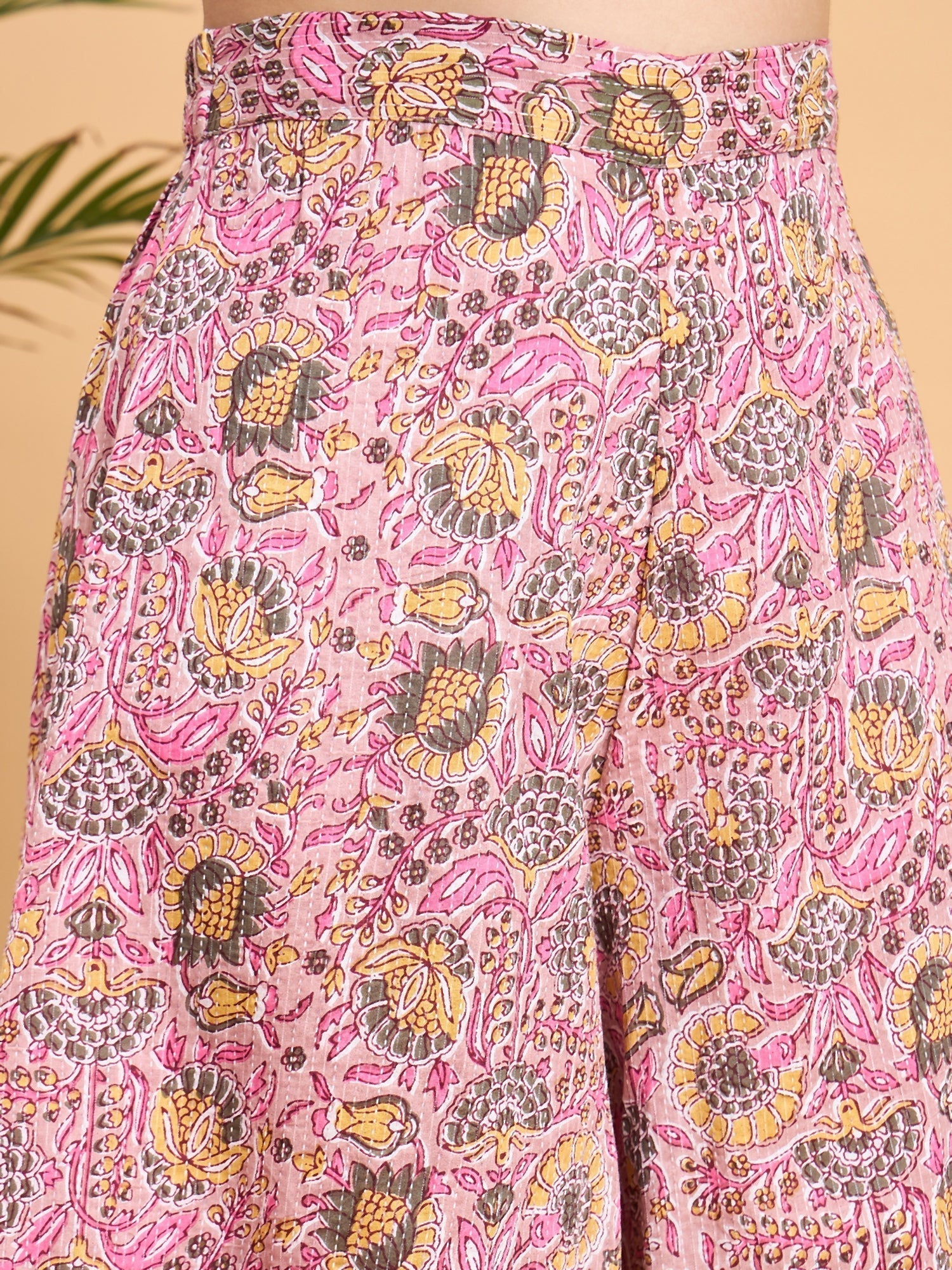 InWeave Pastel Pink Kantha Floral Jaal Short Palazzo Set 