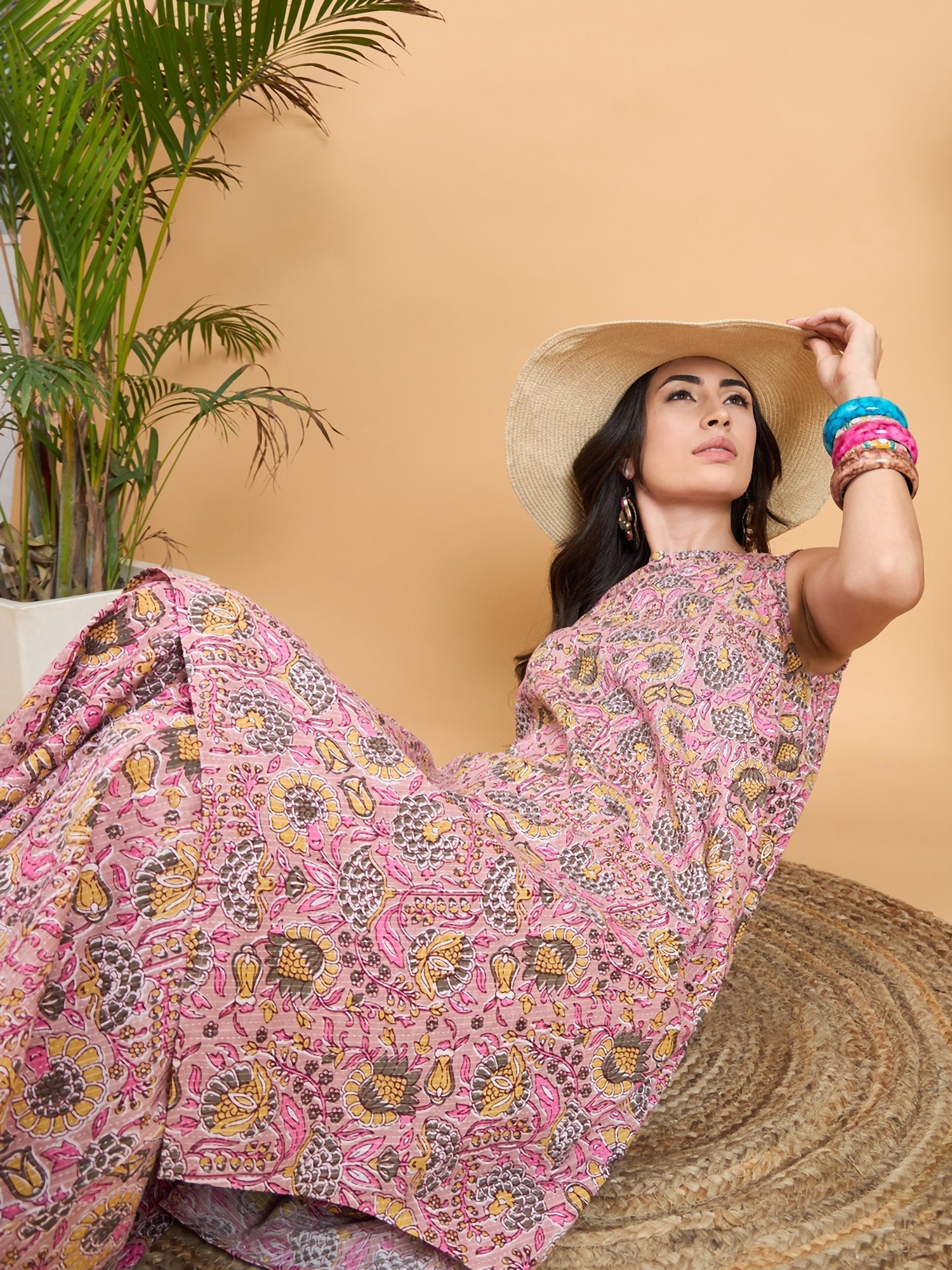 InWeave Pastel Pink Kantha Floral Jaal Short Palazzo Set 