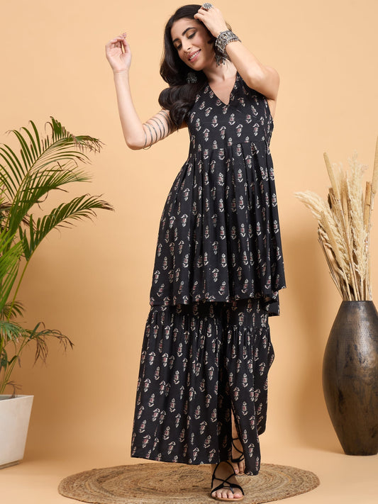 InWeave Black Booti Rapid Print Backless Kurta Sharara Set 