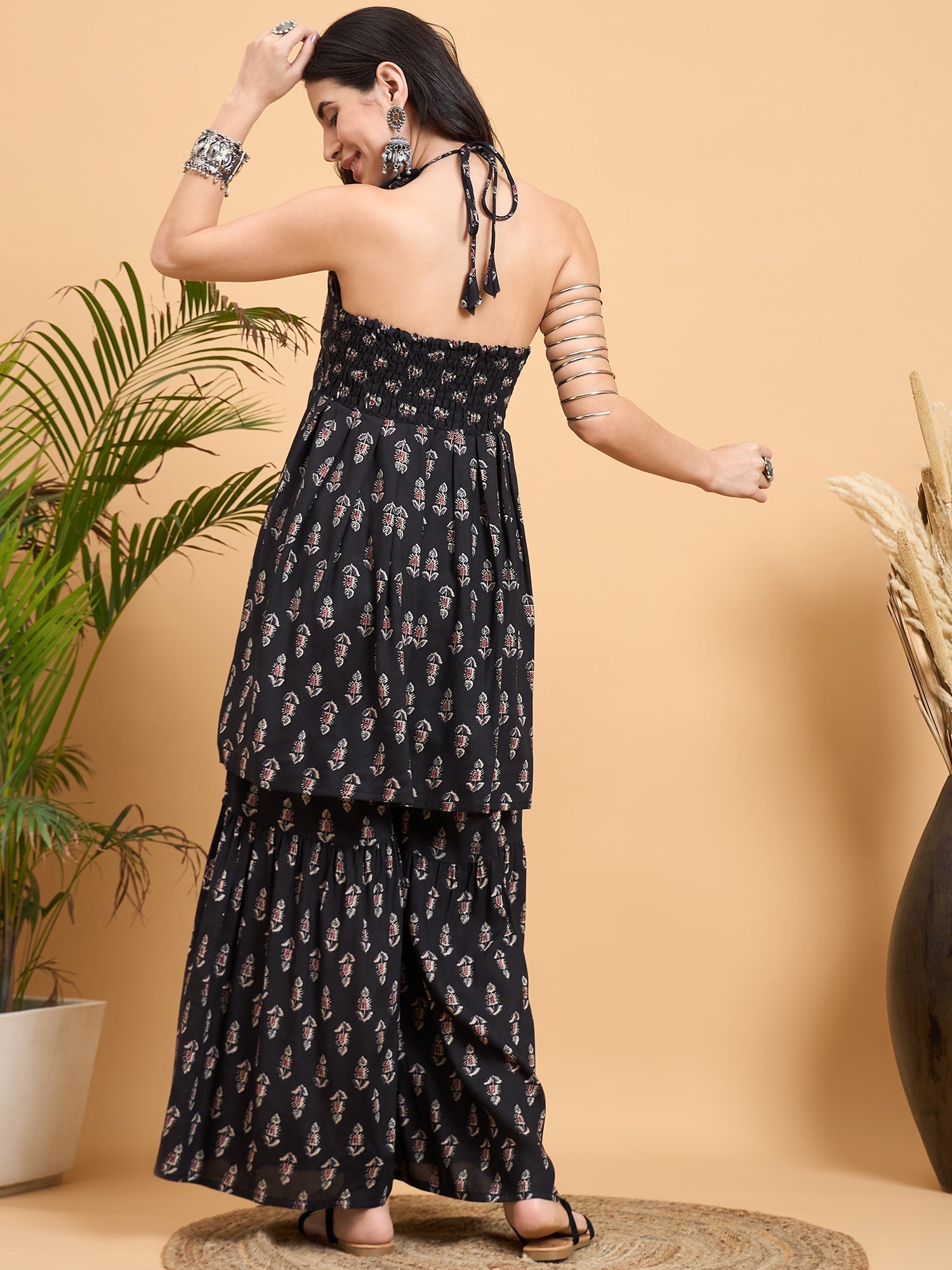 InWeave Black Booti Rapid Print Backless Kurta Sharara Set 