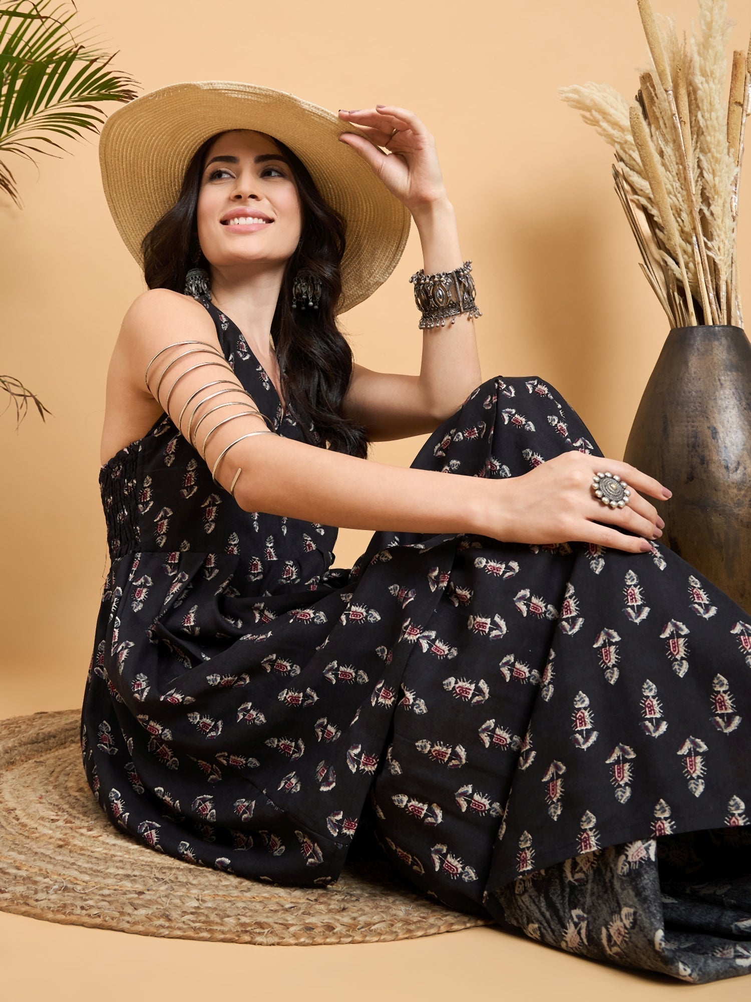 InWeave Black Booti Rapid Print Backless Kurta Sharara Set 