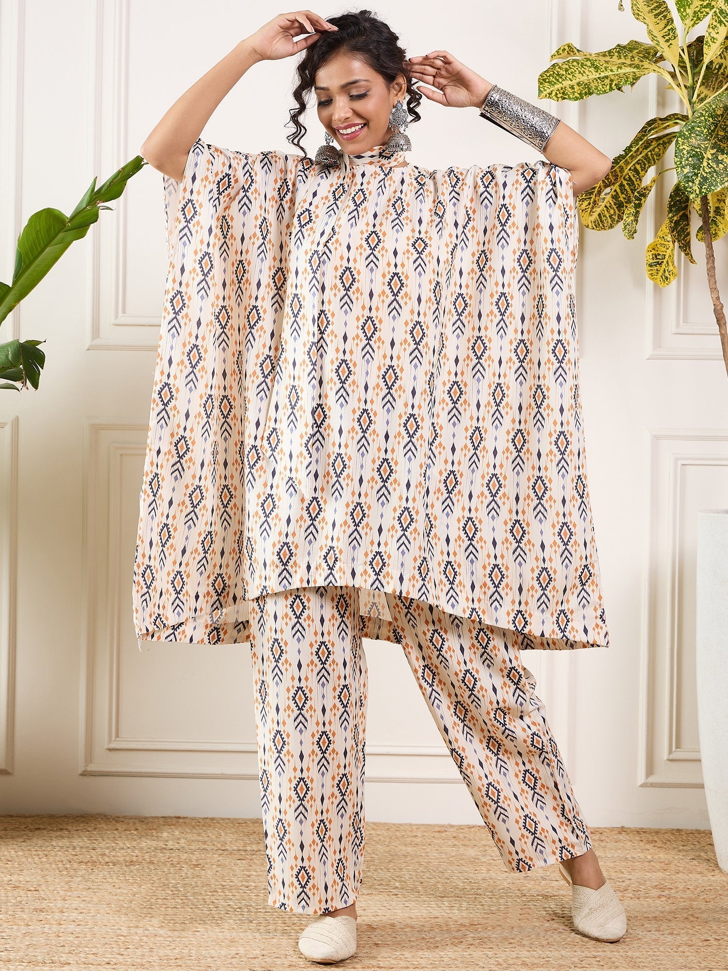 InWeave Off White Orange Black Ikkat Print Tie Neck Kaftan Boho Set 