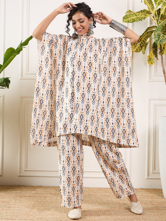 InWeave Off White Orange Black Ikkat Print Tie Neck Kaftan Boho Set 