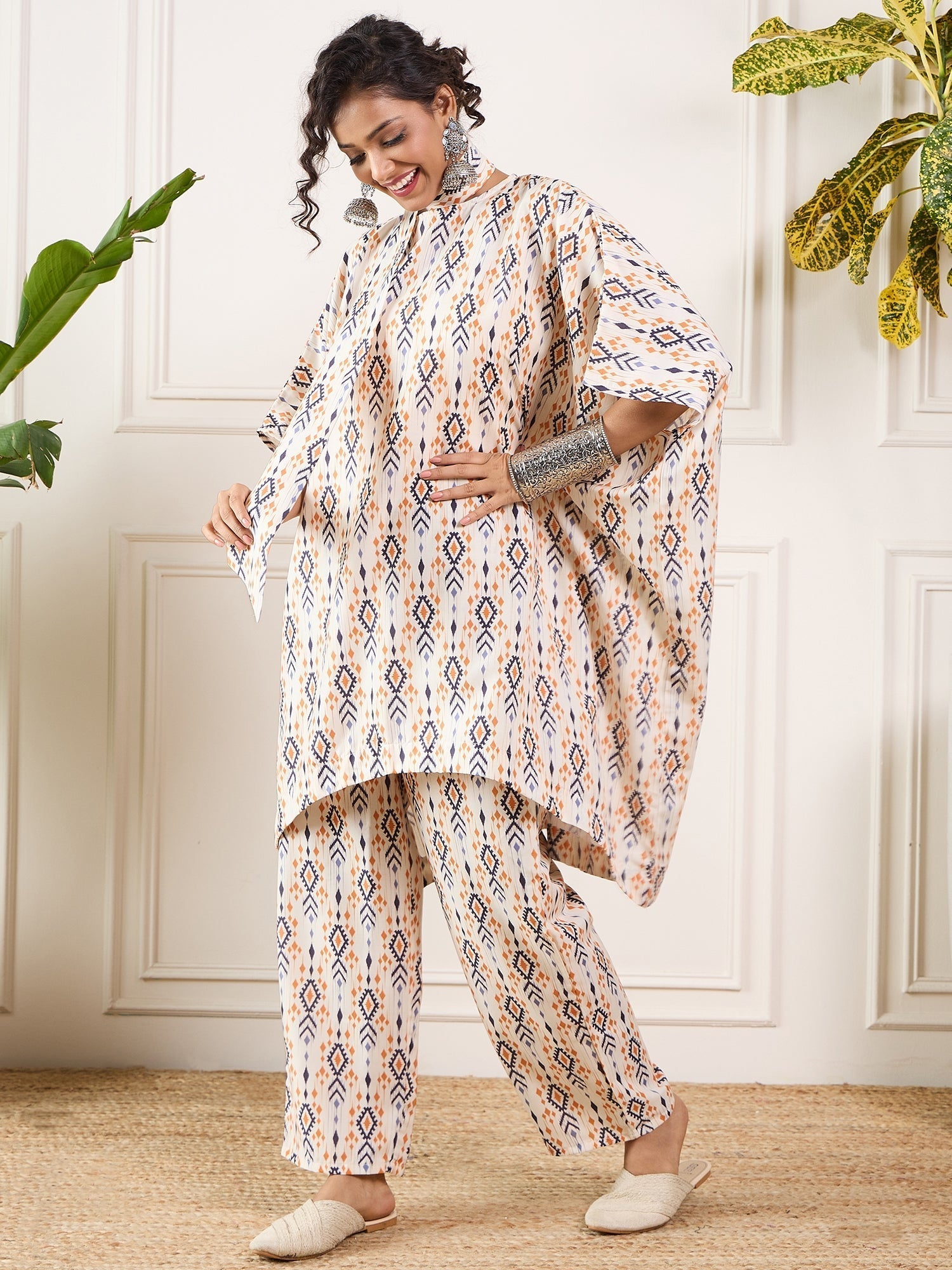 InWeave Off White Orange Black Ikkat Print Tie Neck Kaftan Boho Set 