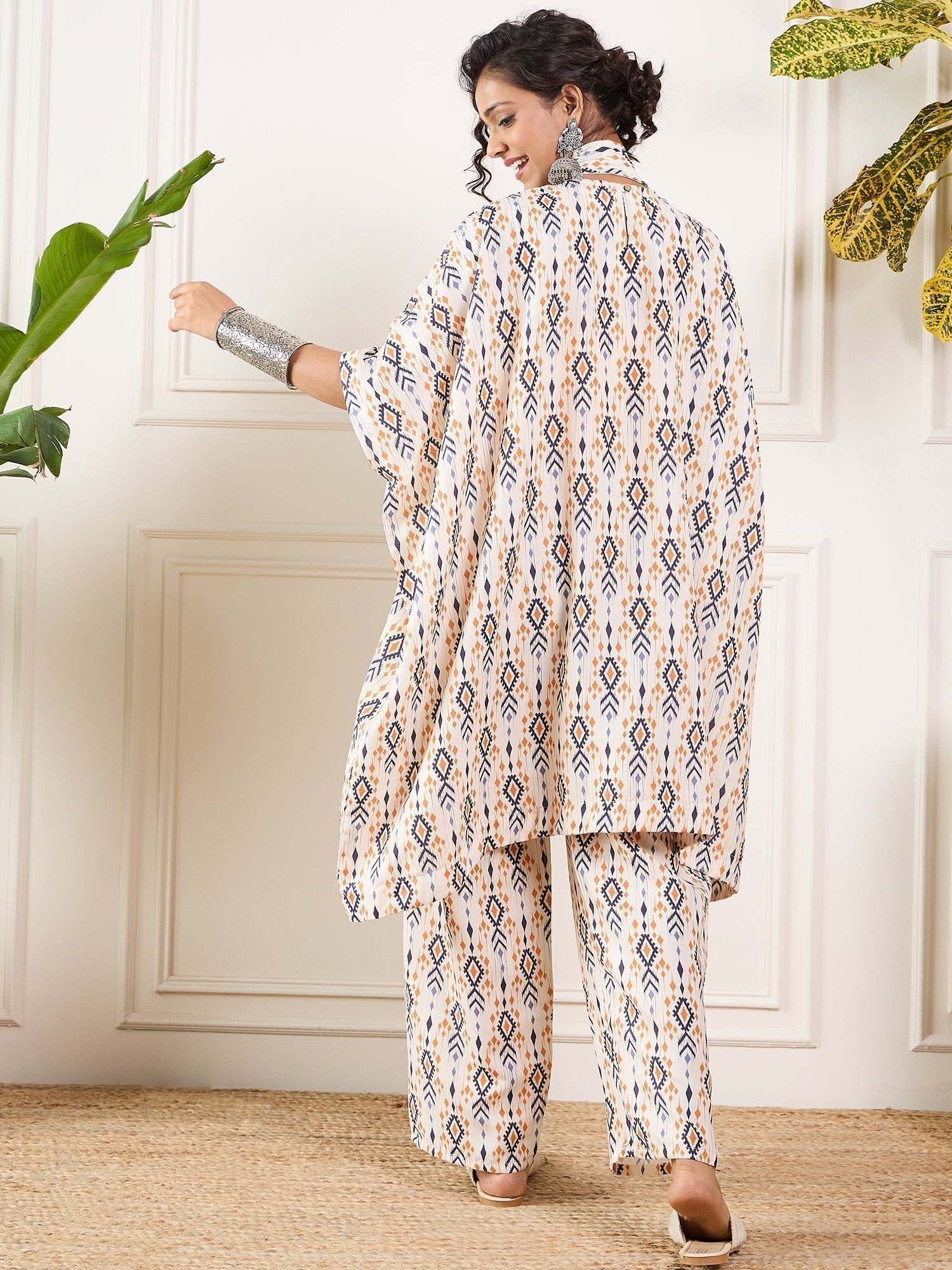 InWeave Off White Orange Black Ikkat Print Tie Neck Kaftan Boho Set 