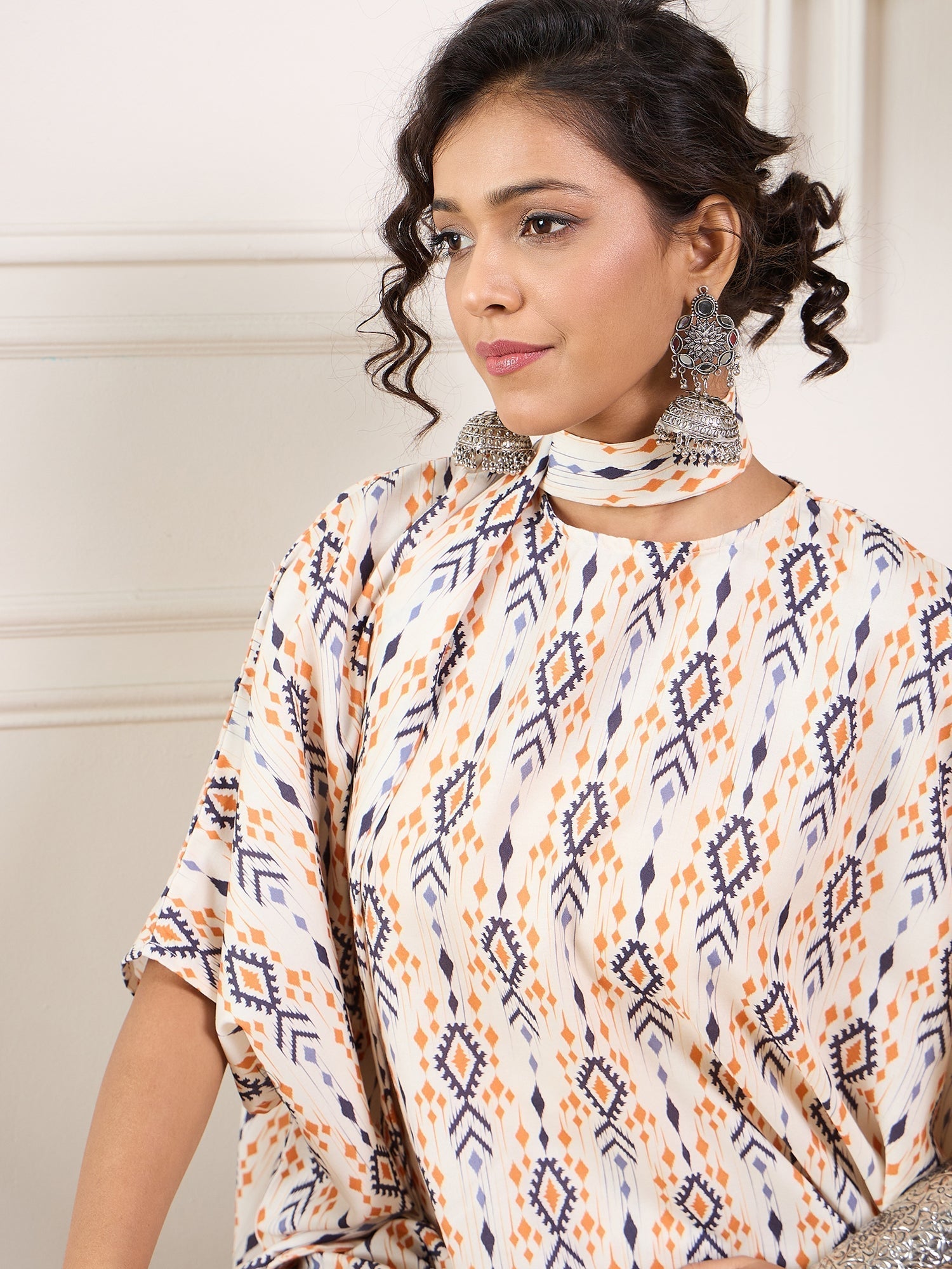 InWeave Off White Orange Black Ikkat Print Tie Neck Kaftan Boho Set 