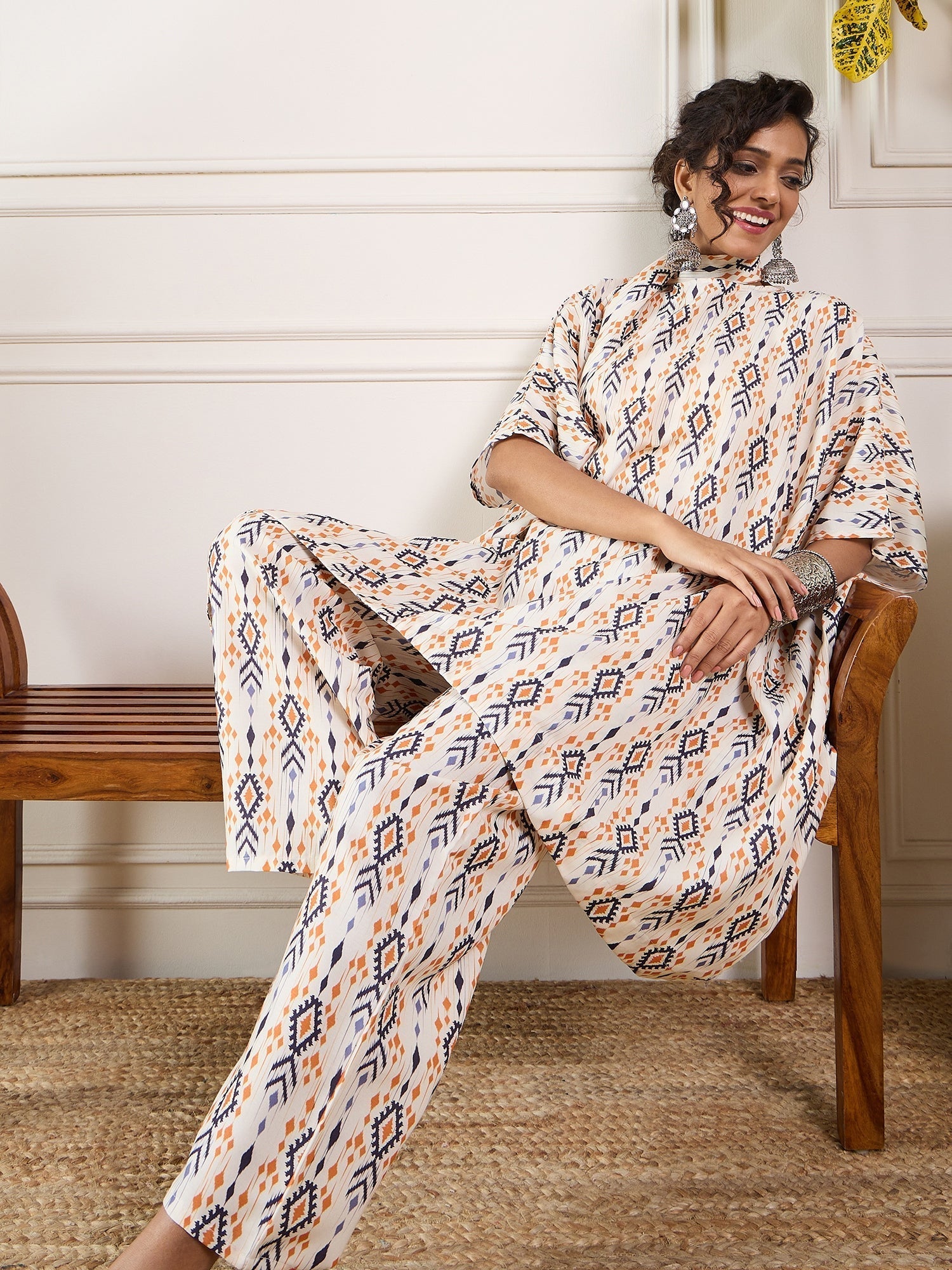 InWeave Off White Orange Black Ikkat Print Tie Neck Kaftan Boho Set 
