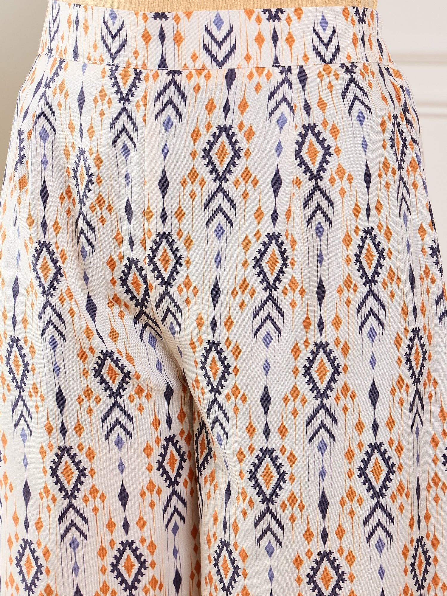 InWeave Off White Orange Black Ikkat Print Tie Neck Kaftan Boho Set 