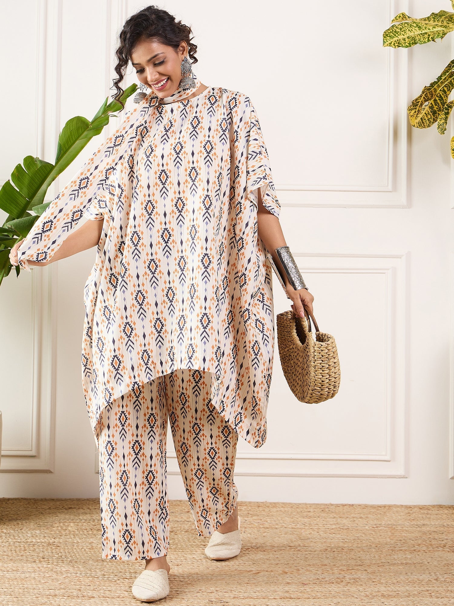 InWeave Off White Orange Black Ikkat Print Tie Neck Kaftan Boho Set 