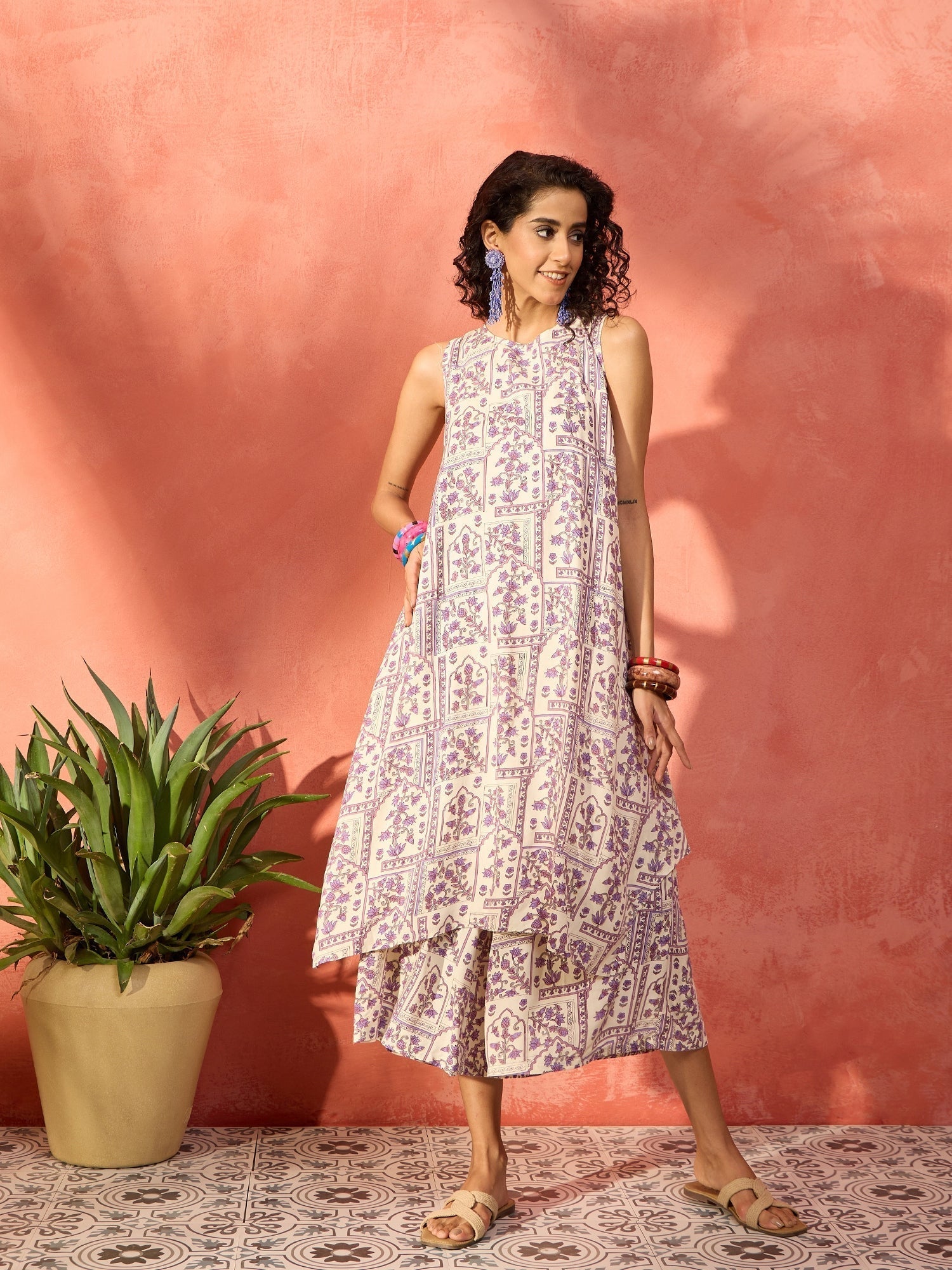 InWeave Mauve Ethnic Window Floral Short Palazzo Kurta Set 
