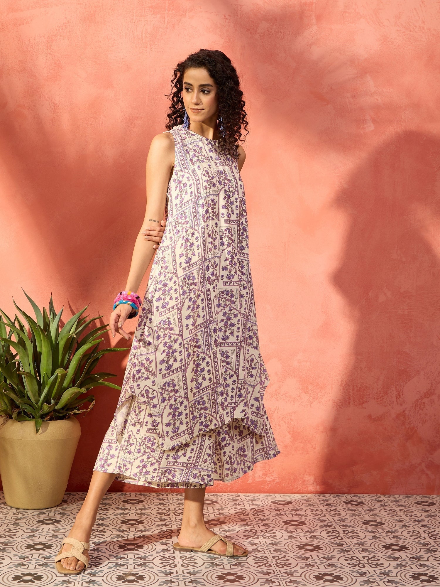 InWeave Mauve Ethnic Window Floral Short Palazzo Kurta Set 