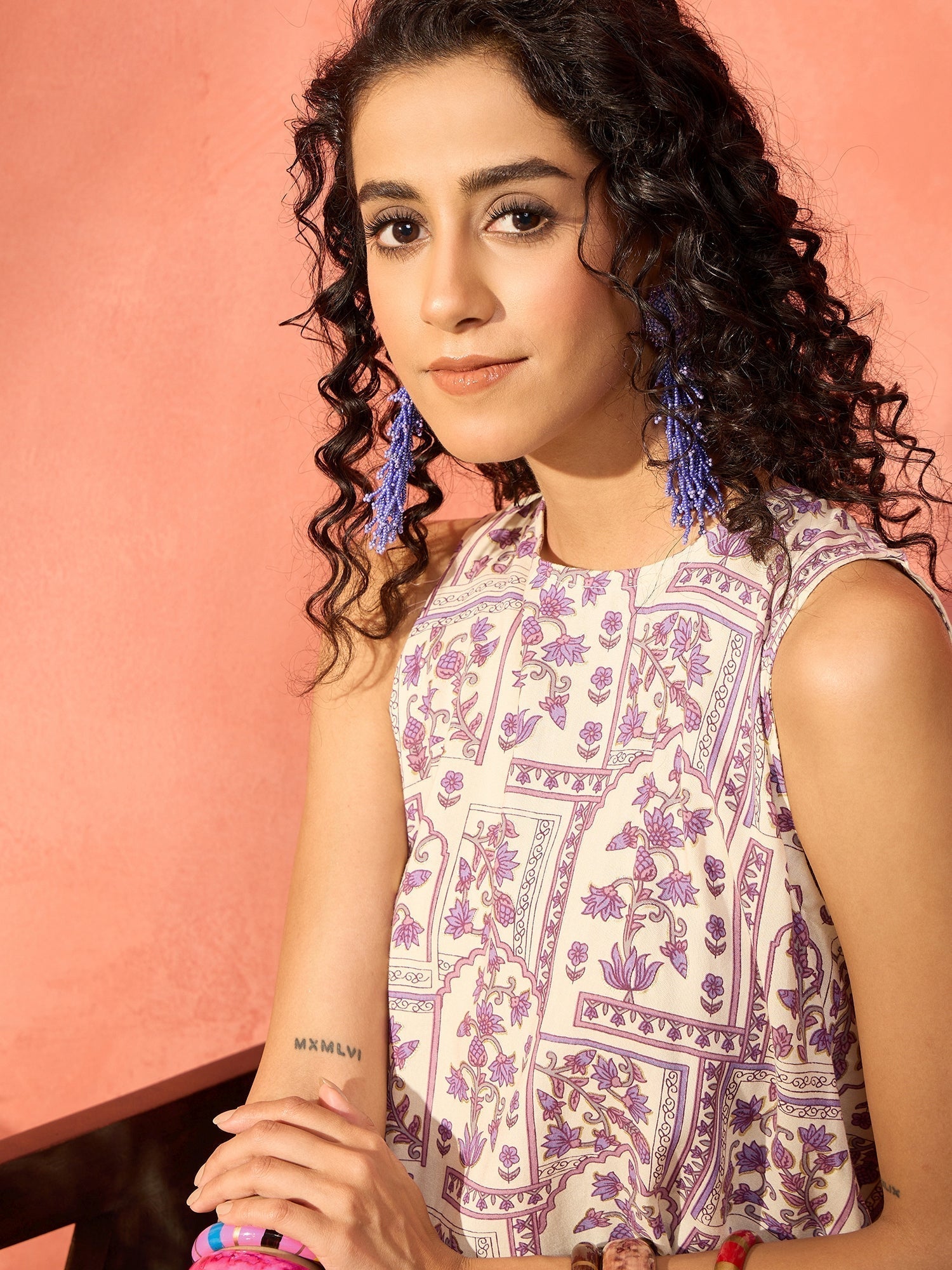 InWeave Mauve Ethnic Window Floral Short Palazzo Kurta Set 