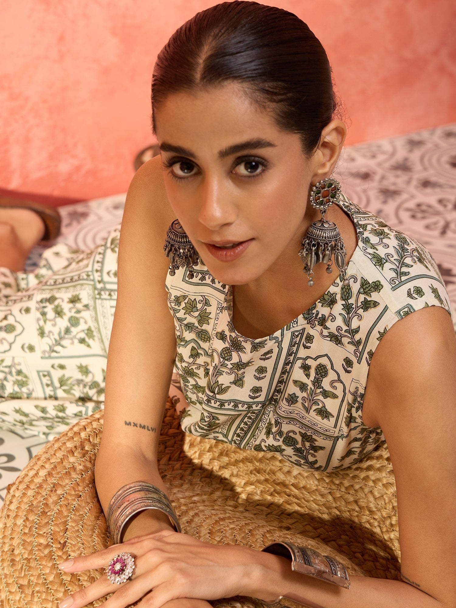 InWeave Sea Green Ethnic Window Floral Short Palazzo Kurta Set 