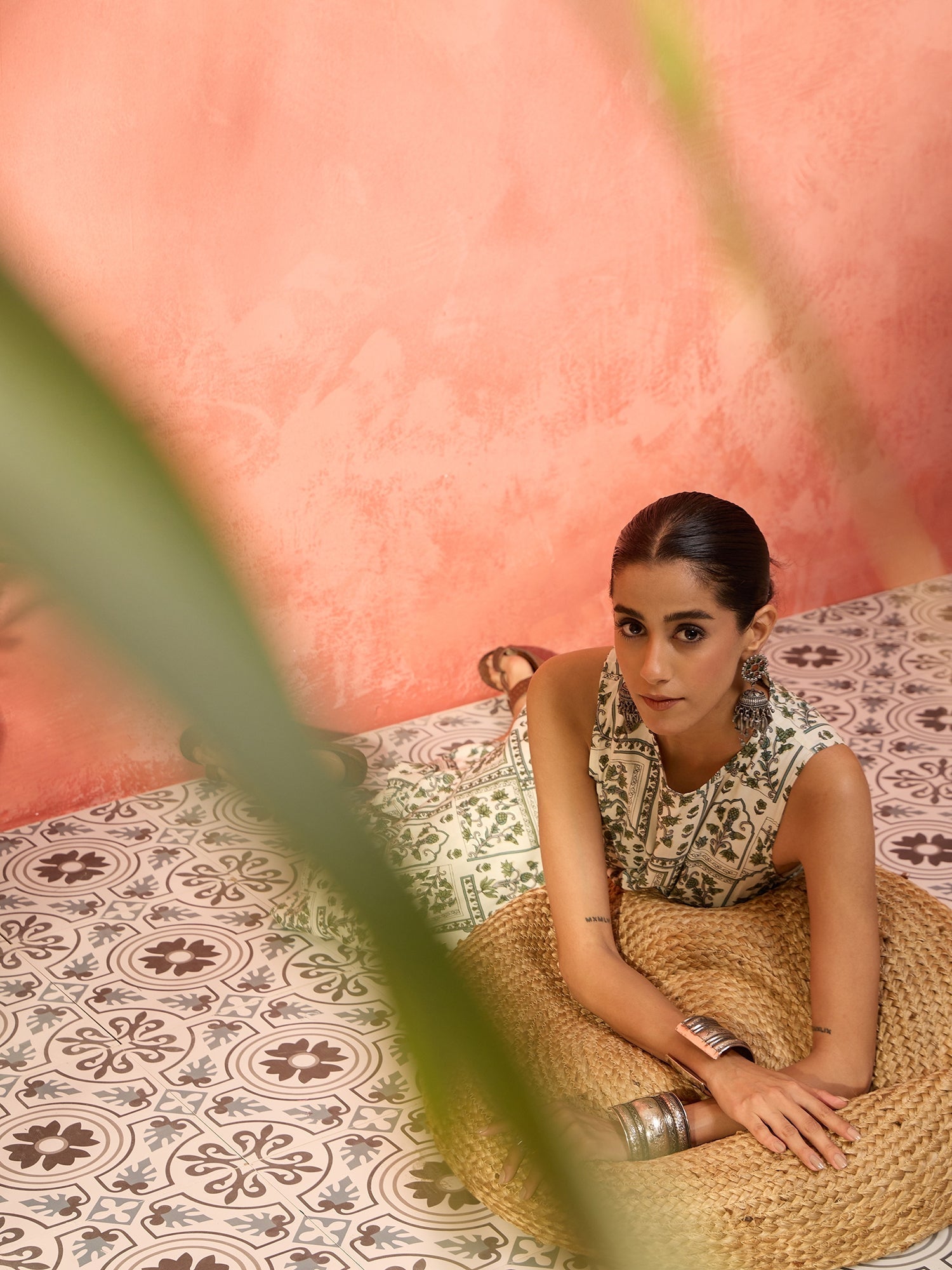 InWeave Sea Green Ethnic Window Floral Short Palazzo Kurta Set 