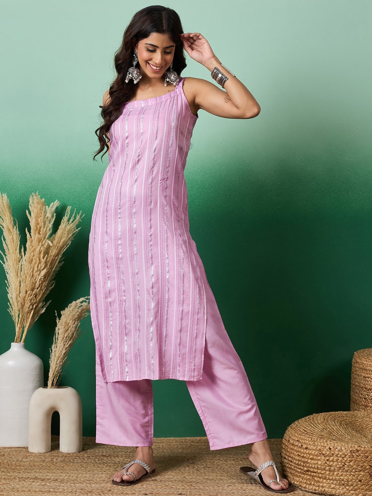 InWeave Lavender Lurex Thick Strappy Straight Kurta Pant Set | Grab2Buy