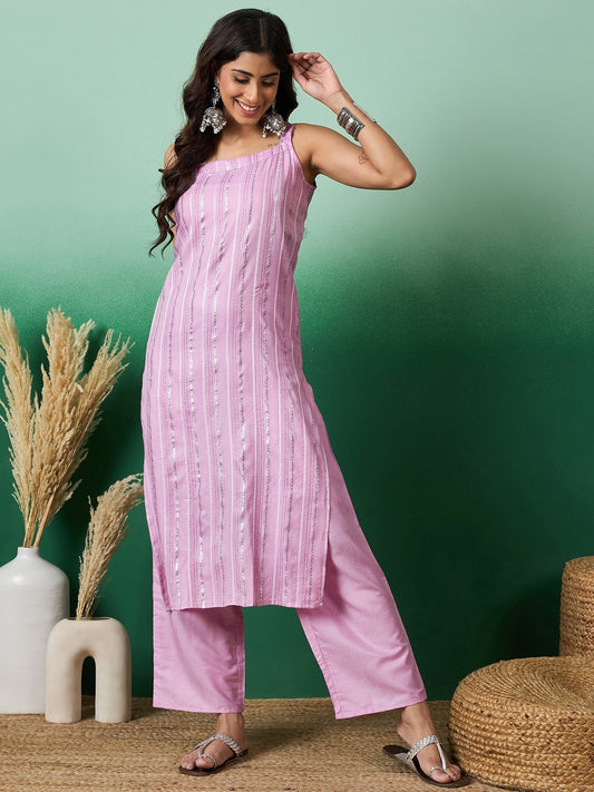 InWeave Lavender Lurex Thick Strappy Straight Kurta Pant Set | Grab2Buy