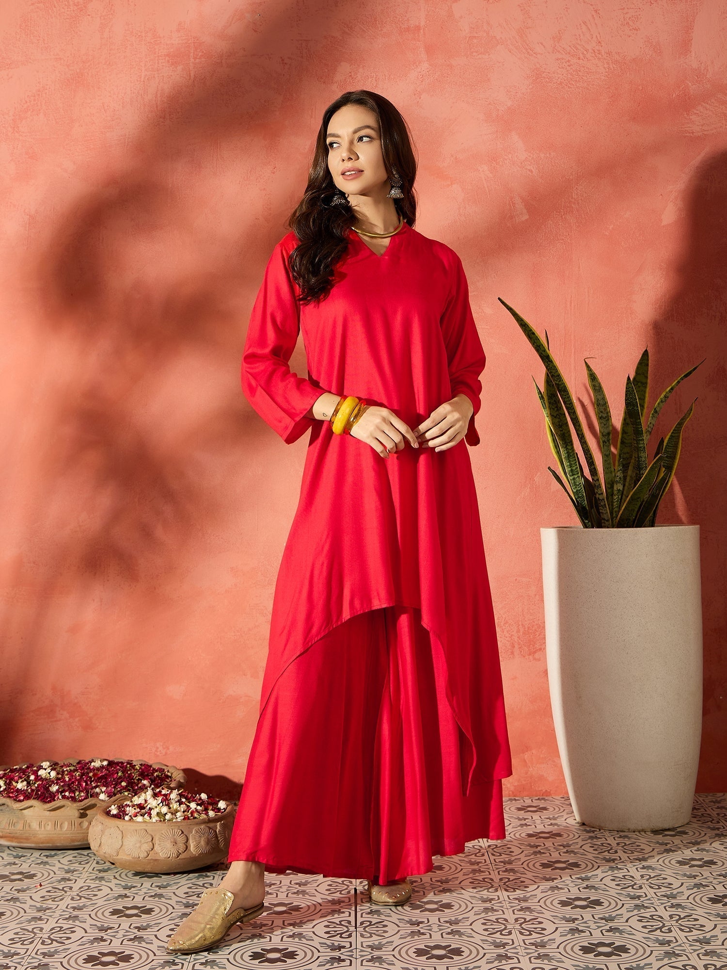 InWeave Red Mandarin Neck High Low Kurta Set | Grab2Buy