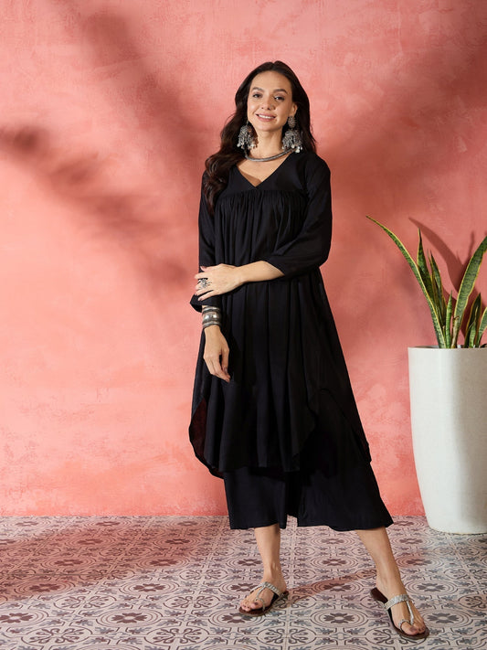 InWeave Black V-Neck Flared Kurta Short Palazzo Set 