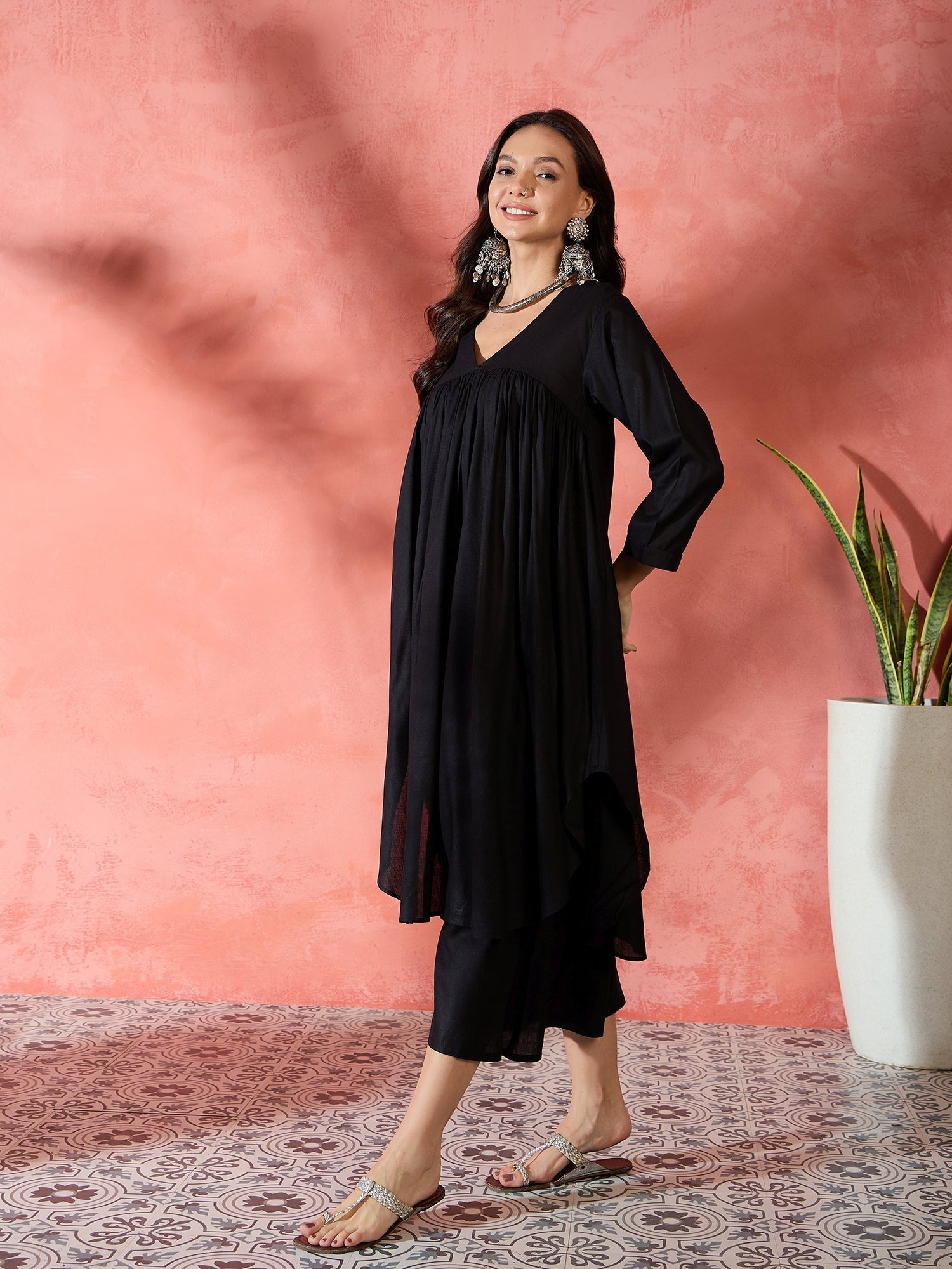InWeave Black V-Neck Flared Kurta Short Palazzo Set 