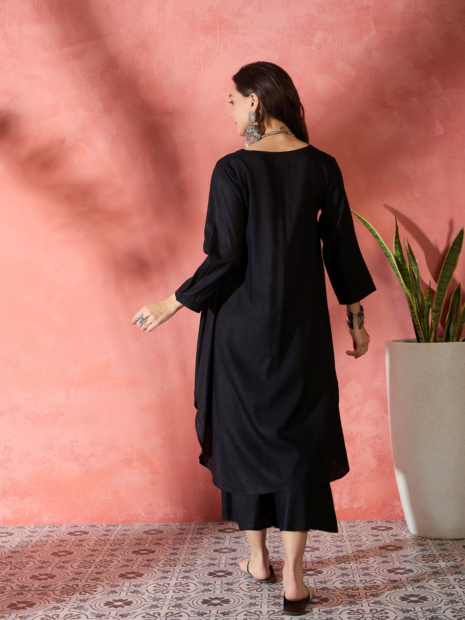 InWeave Black V-Neck Flared Kurta Short Palazzo Set 