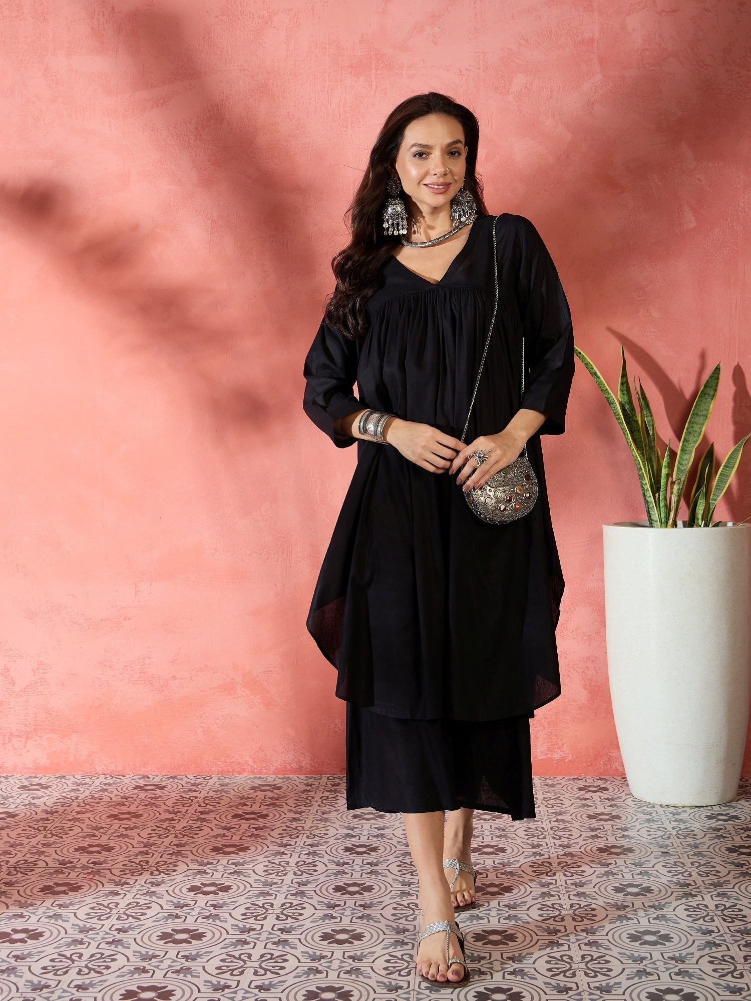 InWeave Black V-Neck Flared Kurta Short Palazzo Set 