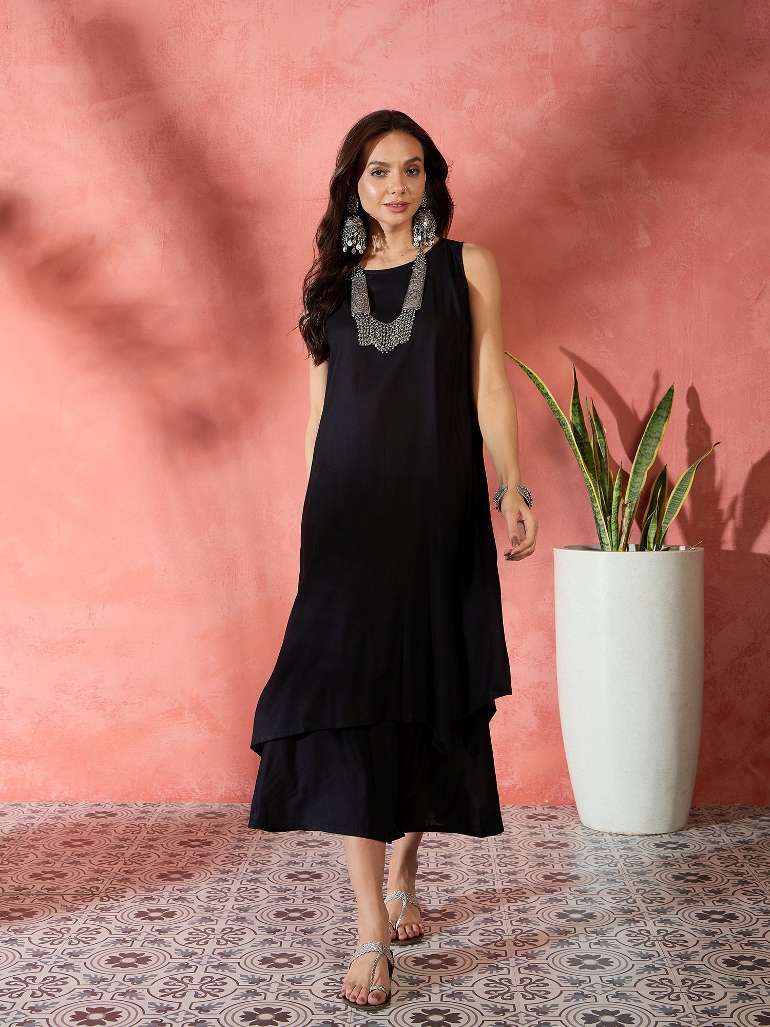 InWeave Black Kurta Short Palazzo Set 