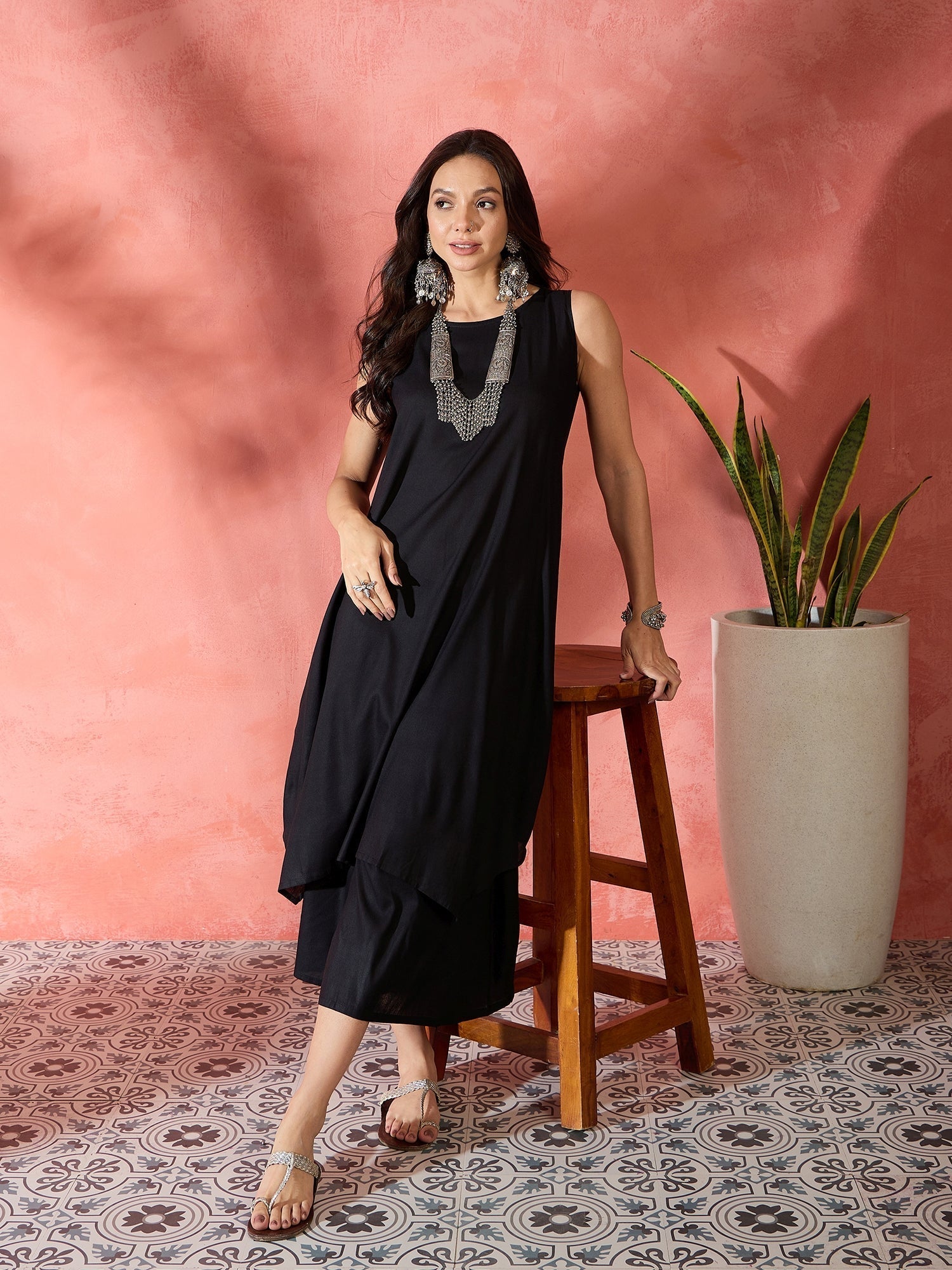 InWeave Black Kurta Short Palazzo Set 