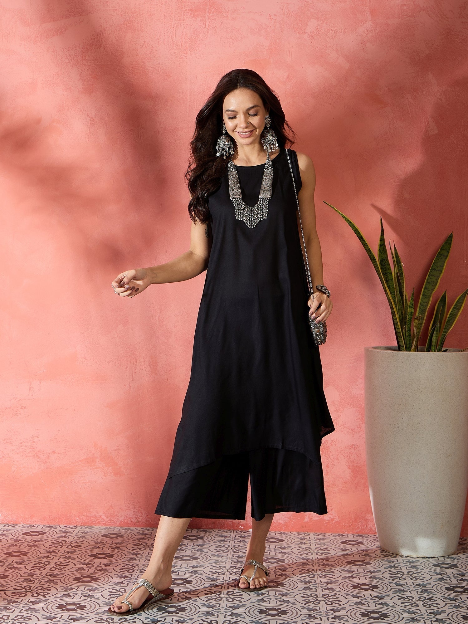 InWeave Black Kurta Short Palazzo Set 