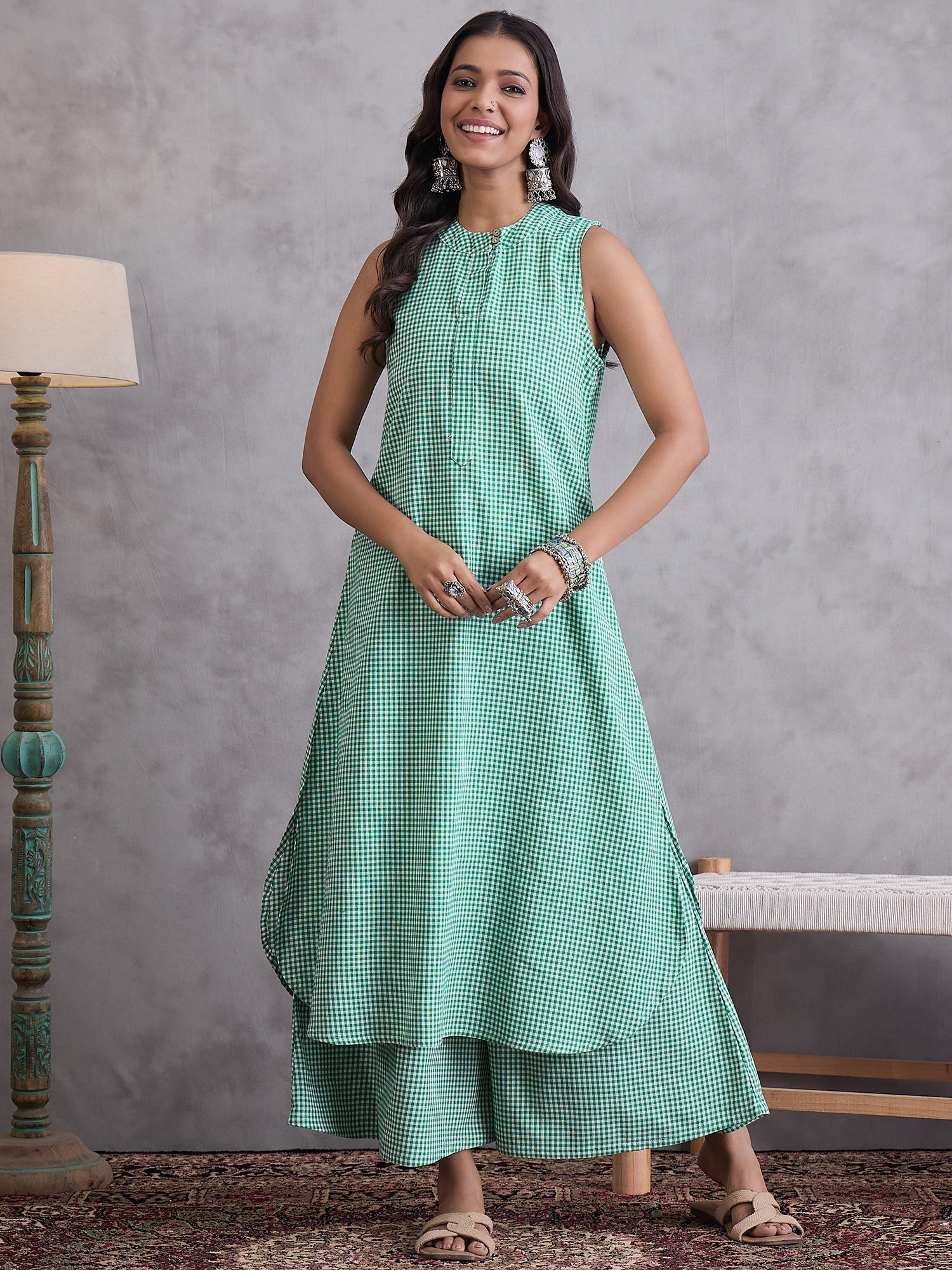 InWeave Green Small Check Kurta Set | Grab2Buy